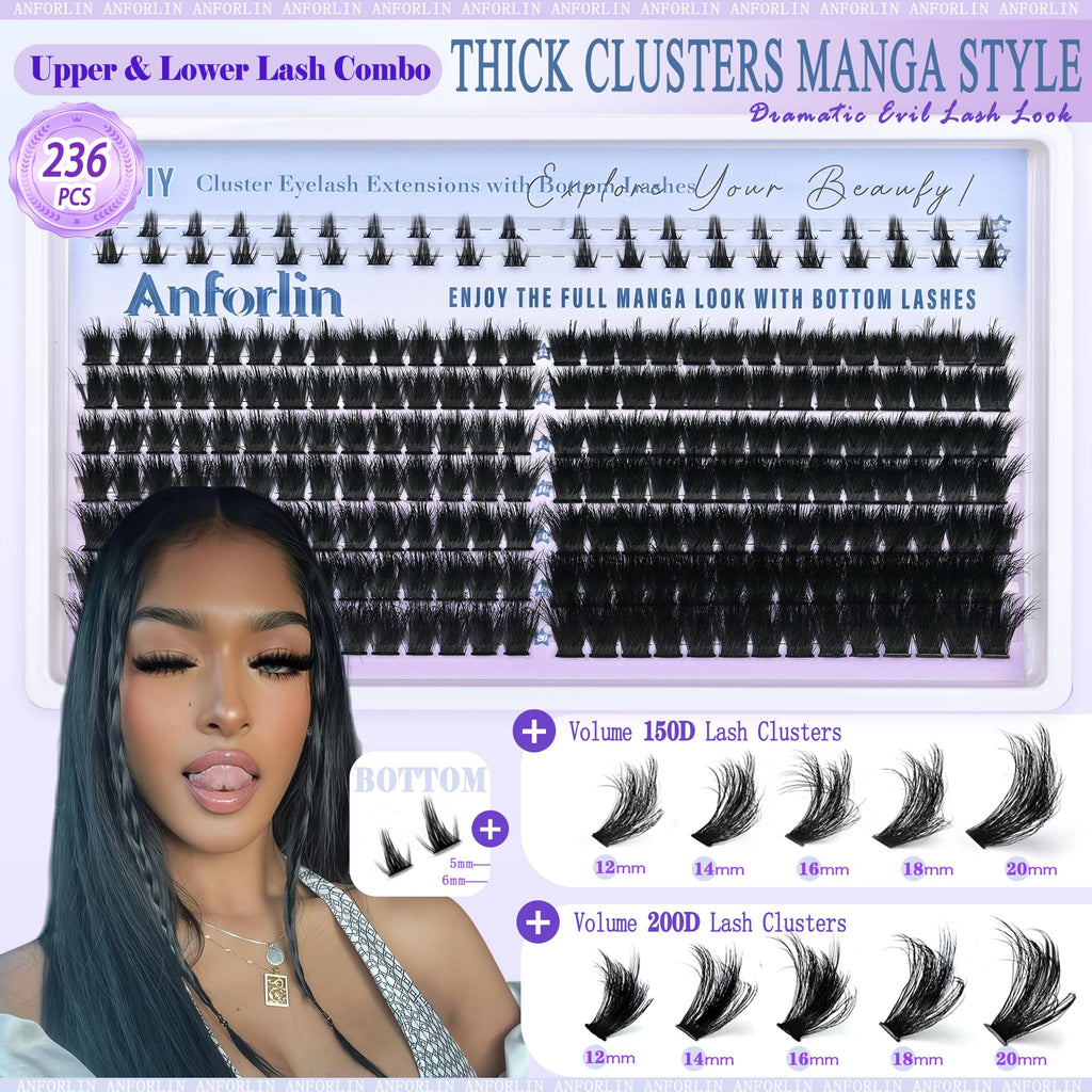 ANFORLIN Thick Lash Clusters with Spikes 150D+200D – Evil Look Manga Lashes + Bottom Lashes (12–20mm)