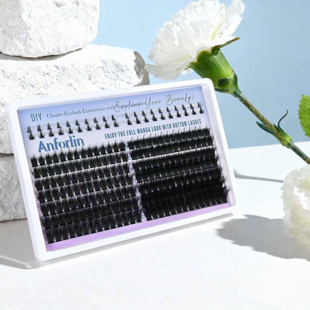 ANFORLIN Thick Lash Clusters with Spikes 150D+200D – Evil Look Manga Lashes + Bottom Lashes (12–20mm)