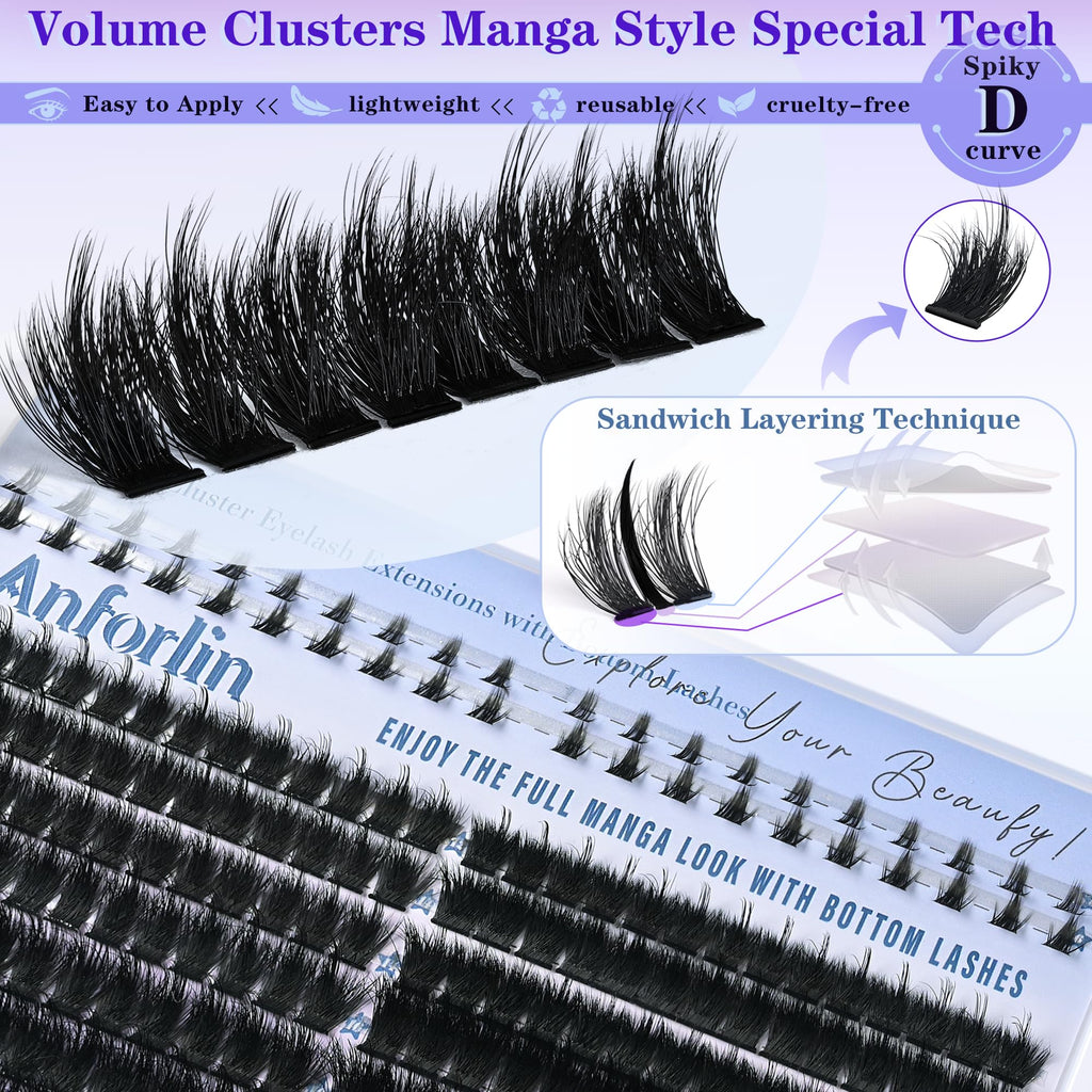 ANFORLIN Thick Lash Clusters with Spikes 150D+200D – Evil Look Manga Lashes + Bottom Lashes (12–20mm)