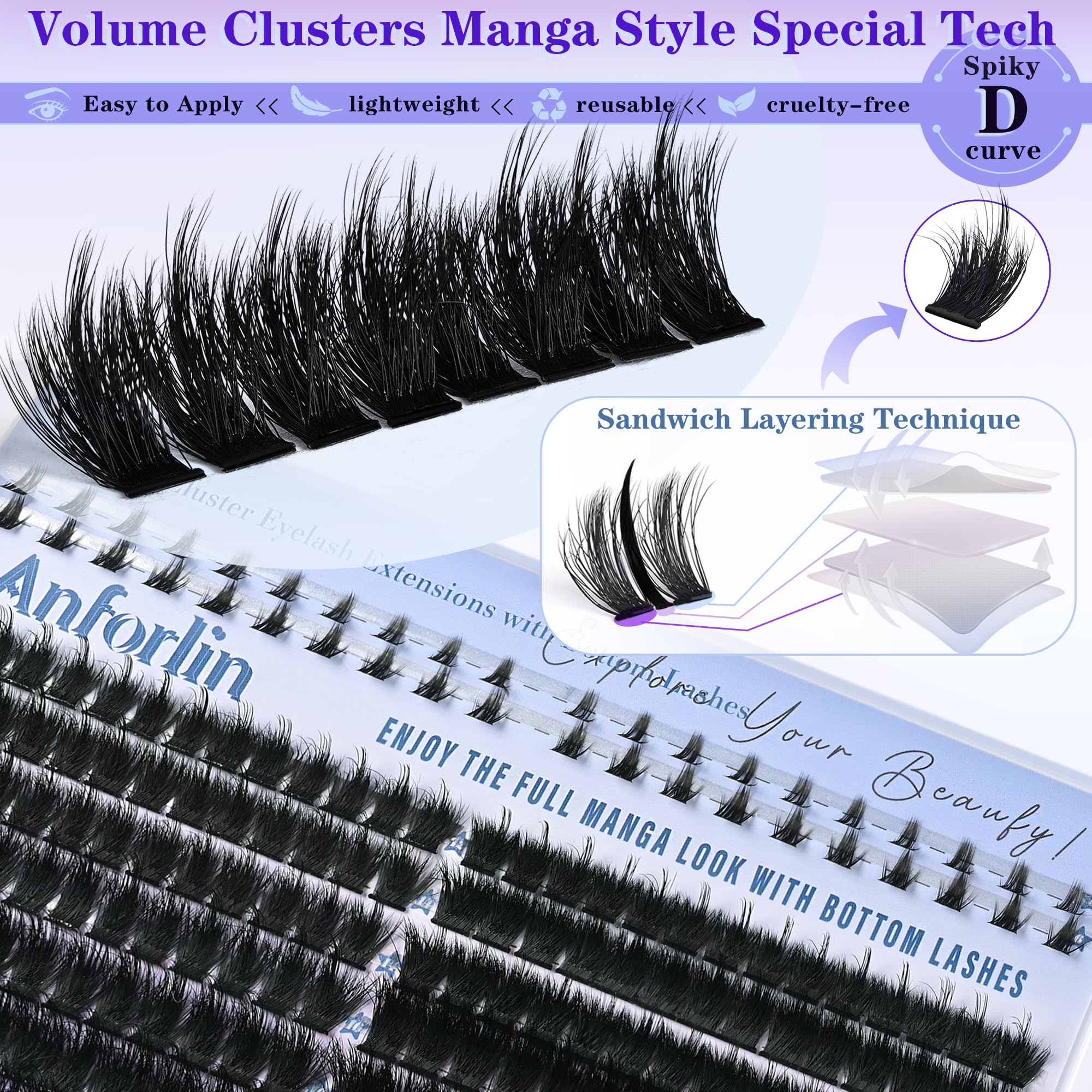 ANFORLIN Thick Lash Clusters with Spikes 150D+200D – Evil Look Manga Lashes + Bottom Lashes (12–20mm)