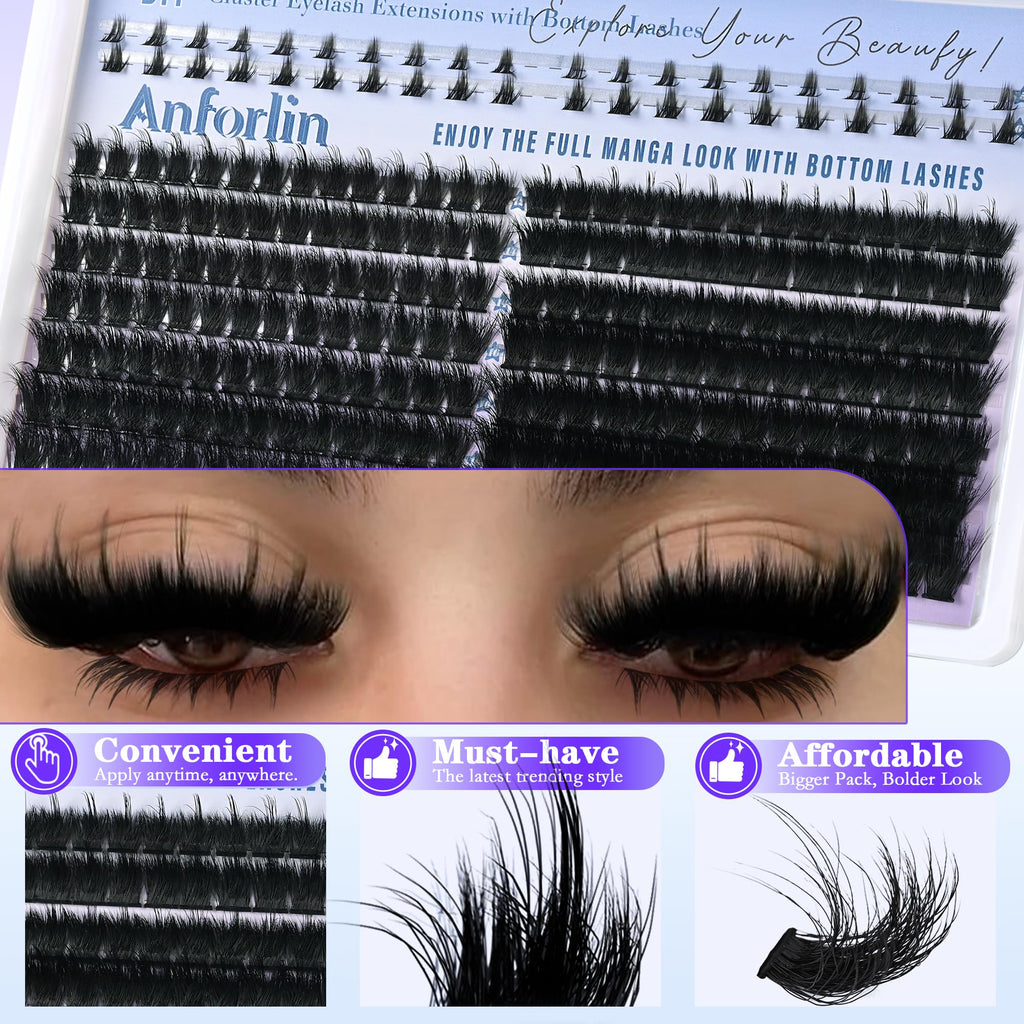 ANFORLIN Thick Lash Clusters with Spikes 150D+200D – Evil Look Manga Lashes + Bottom Lashes (12–20mm)