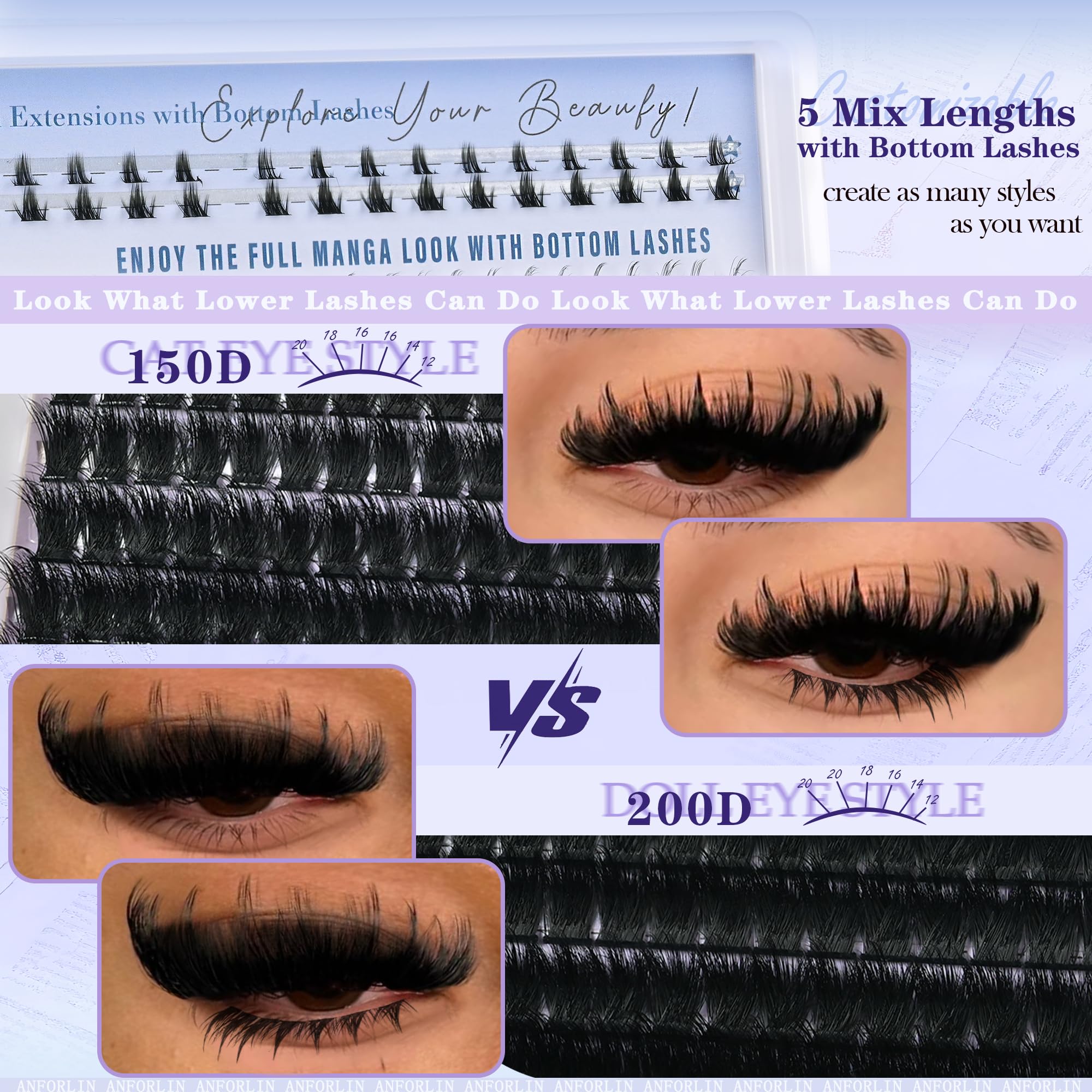 ANFORLIN Thick Lash Clusters with Spikes 150D+200D – Evil Look Manga Lashes + Bottom Lashes (12–20mm)