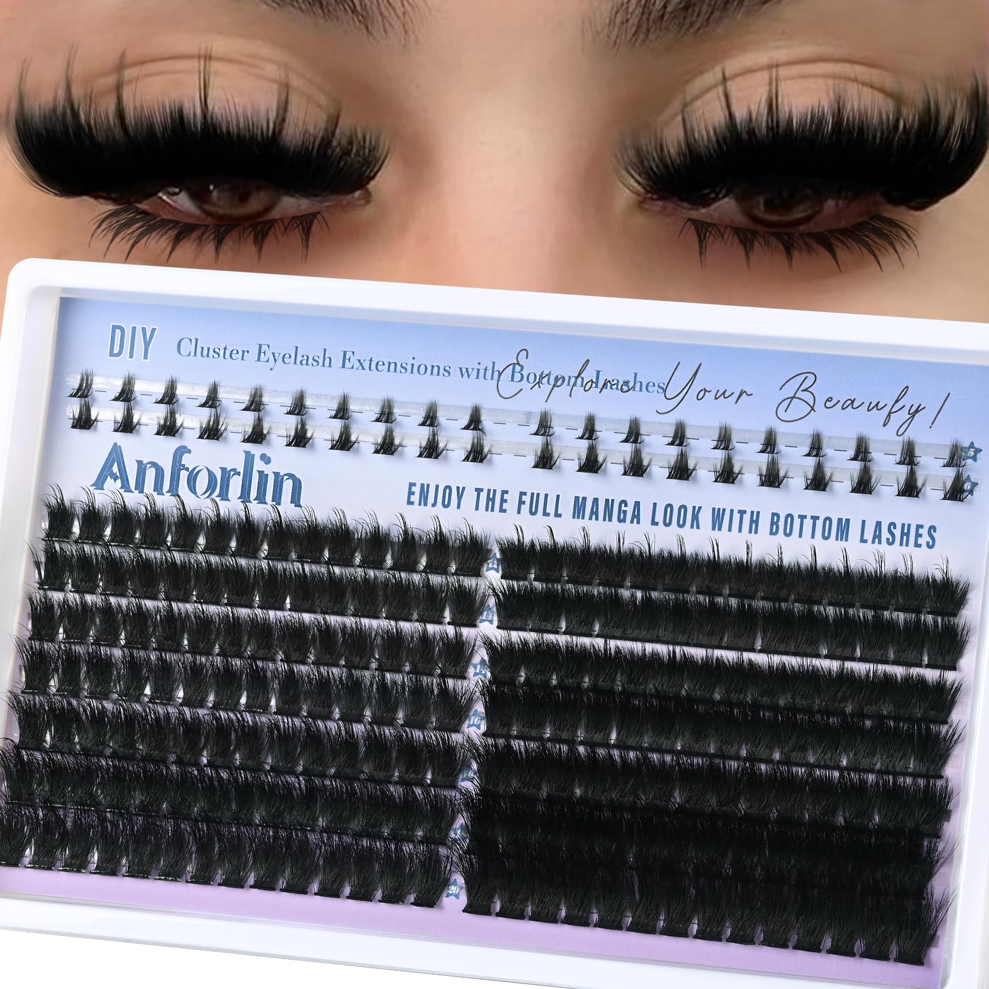 ANFORLIN Thick Lash Clusters with Spikes 150D+200D – Evil Look Manga Lashes + Bottom Lashes (12–20mm)
