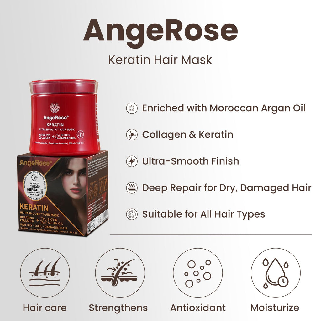 AngeRose Keratin Hair Mask with Collagen & Argan Oil – Deep Conditioner 16.9 oz