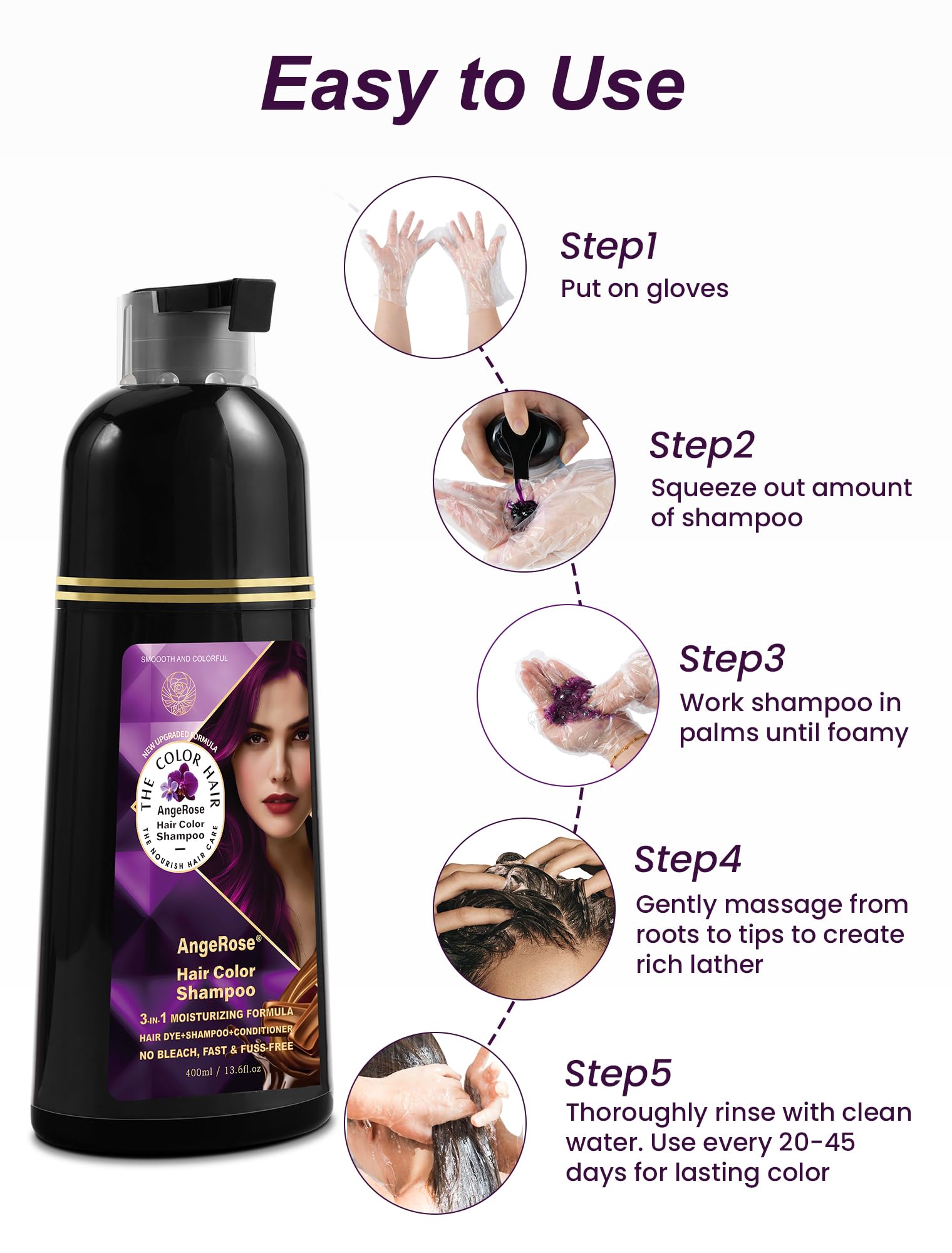 AngeRose Hair Dye Shampoo 3-in-1, Purple – Quick Gray Coverage in 15 Minutes