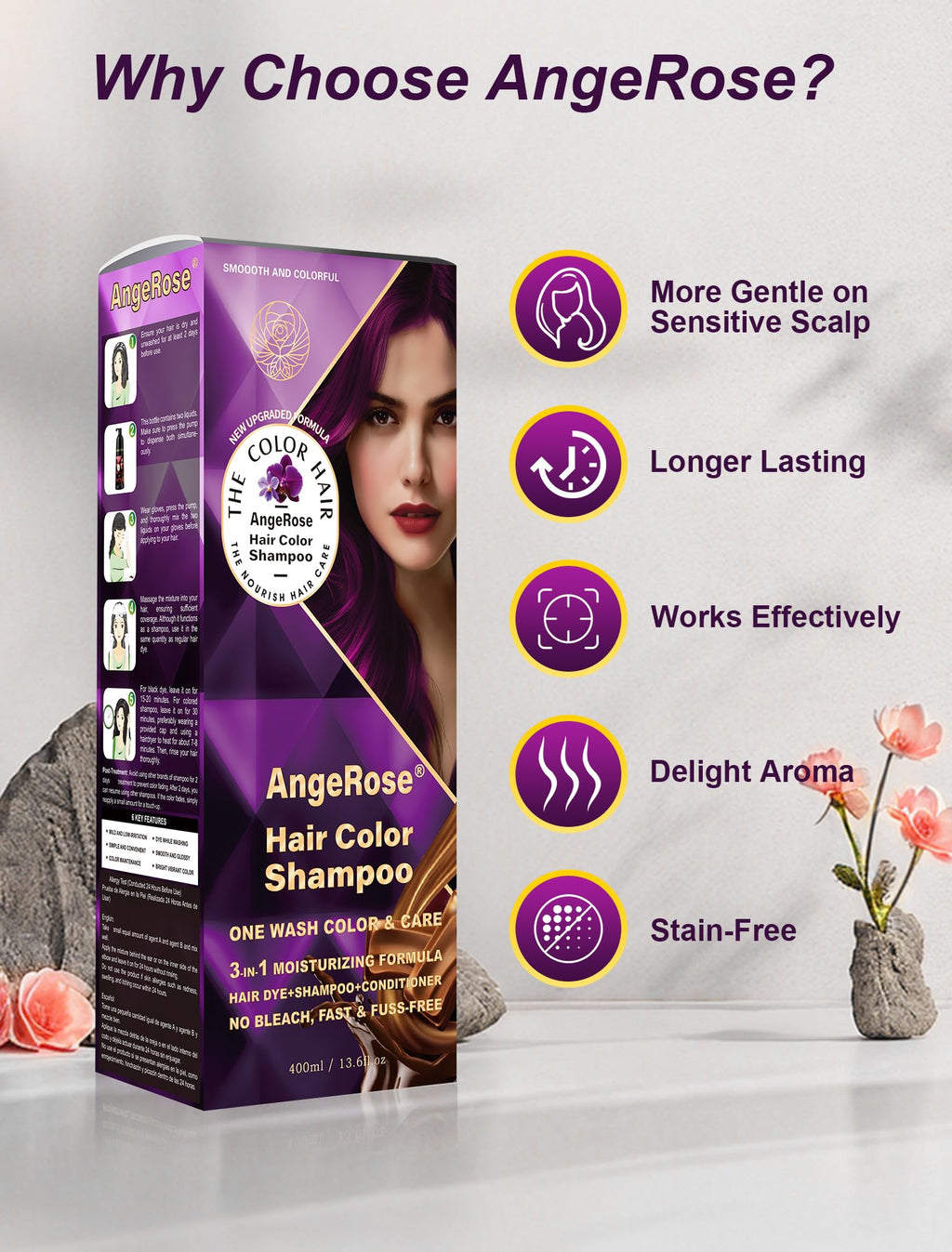 AngeRose Hair Dye Shampoo 3-in-1, Purple – Quick Gray Coverage in 15 Minutes