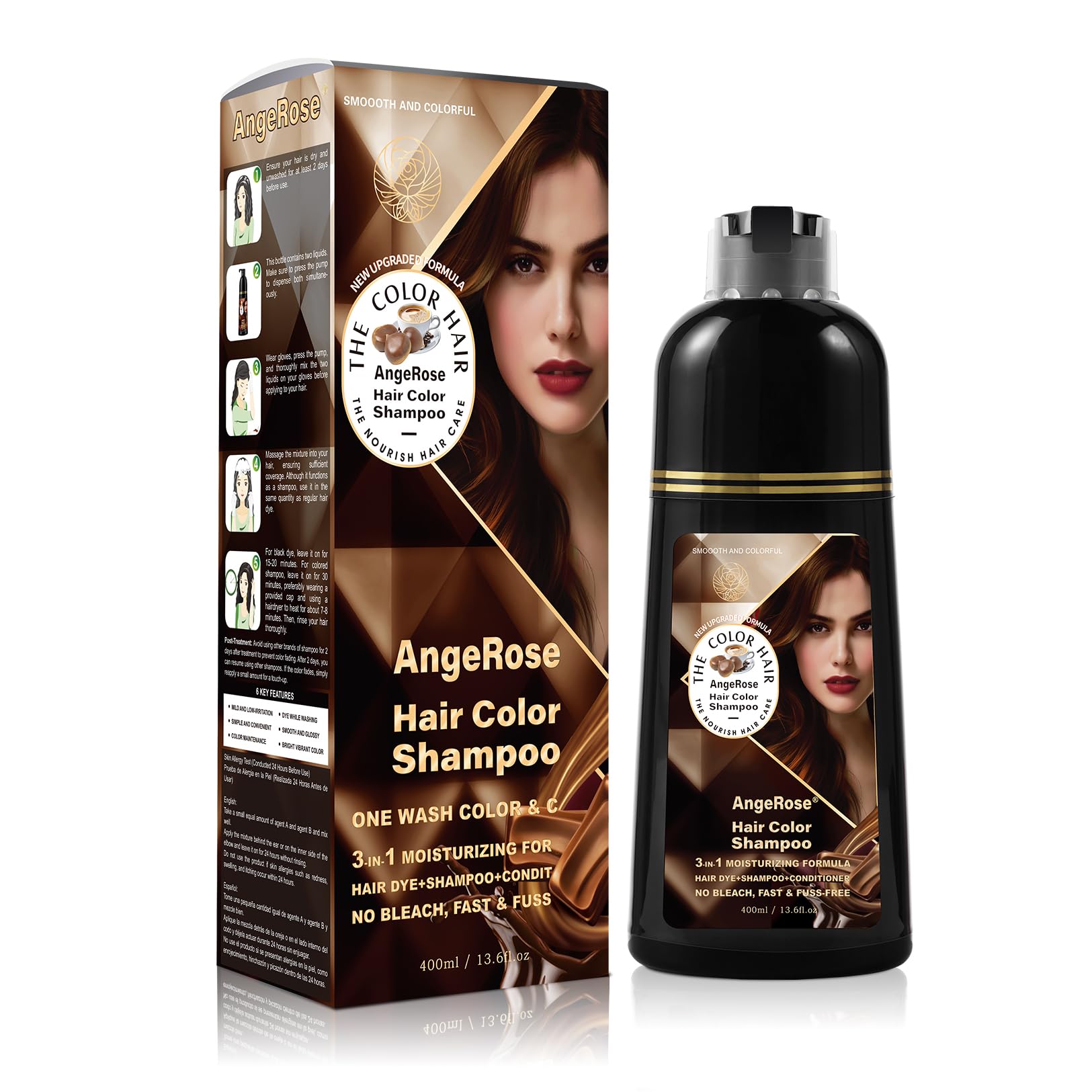 AngeRose Chestnut Brown Hair Dye Shampoo 3-in-1 — Natural Gray Coverage, 400 ml
