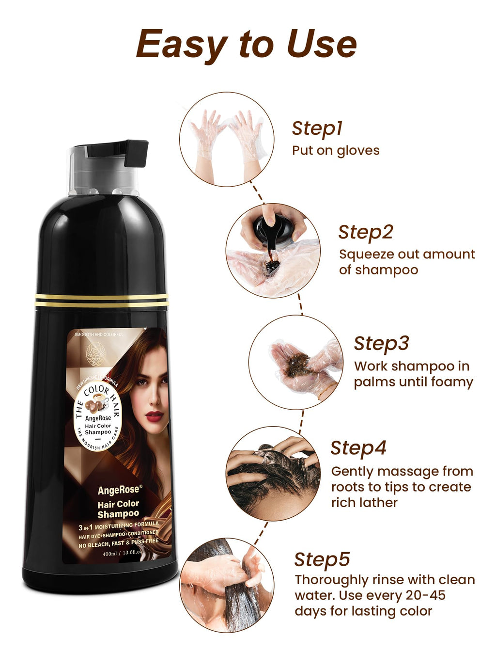 AngeRose Chestnut Brown Hair Dye Shampoo 3-in-1 — Natural Gray Coverage, 400 ml