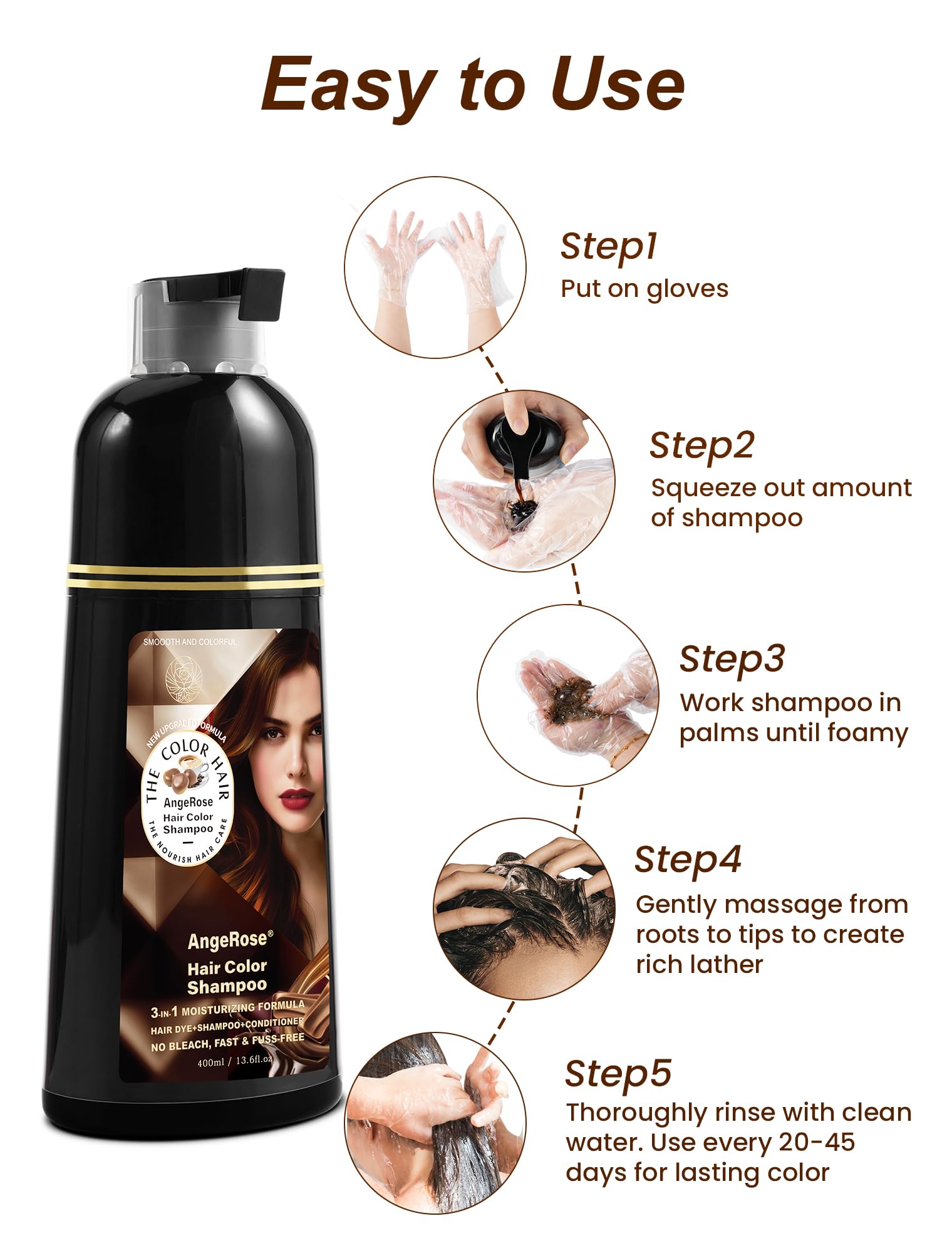 AngeRose Chestnut Brown Hair Dye Shampoo 3-in-1 — Natural Gray Coverage, 400 ml