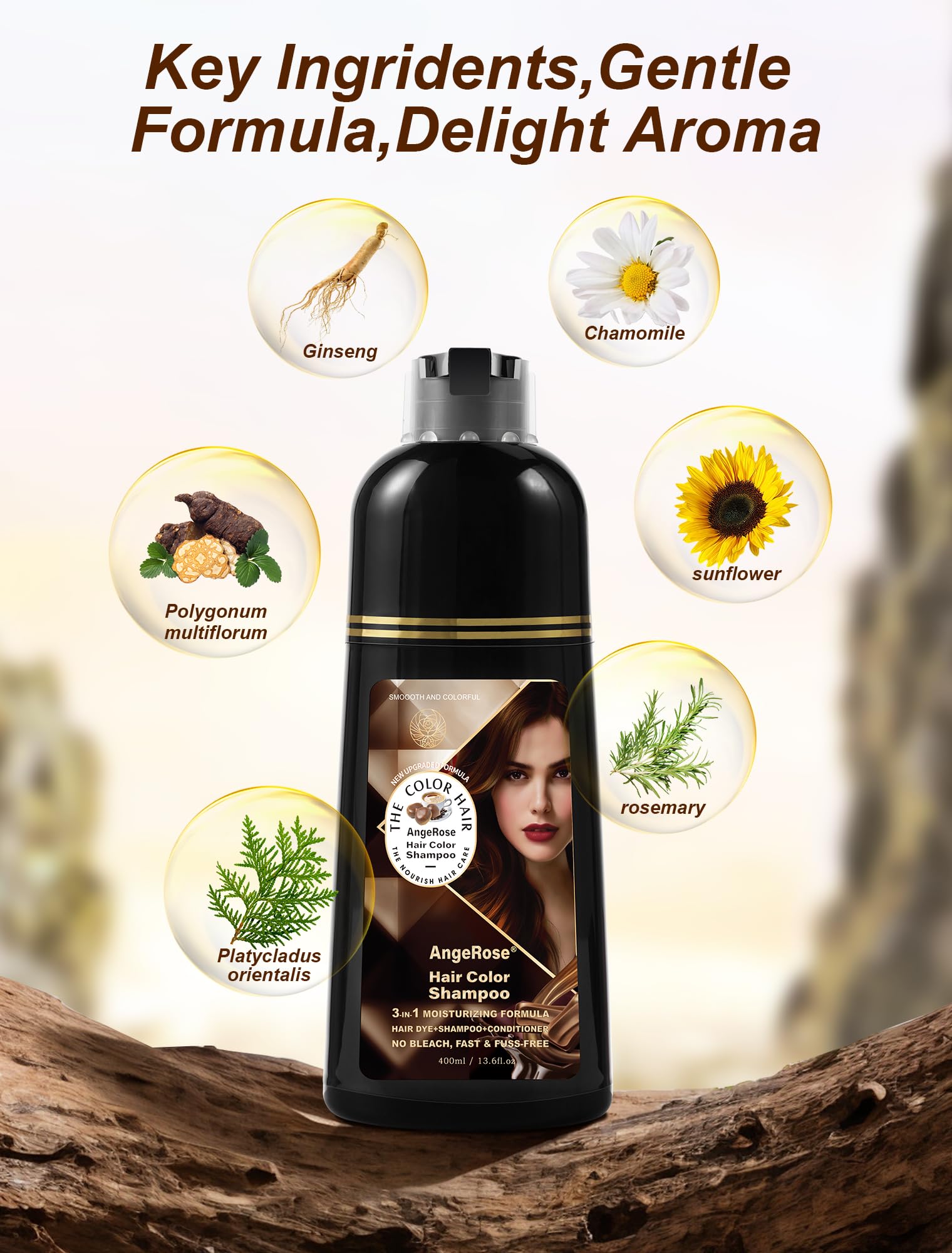 AngeRose Chestnut Brown Hair Dye Shampoo 3-in-1 — Natural Gray Coverage, 400 ml