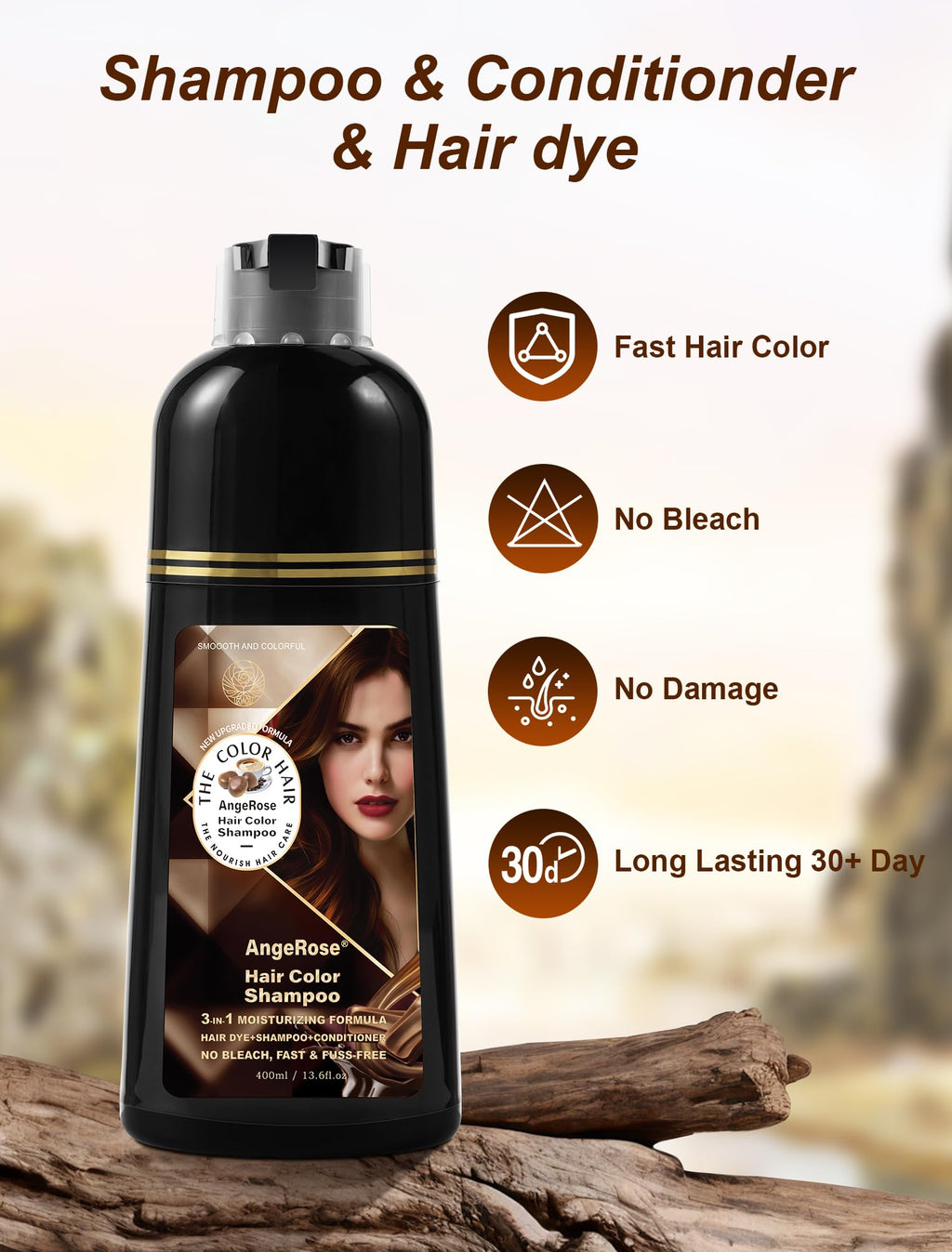 AngeRose Chestnut Brown Hair Dye Shampoo 3-in-1 — Natural Gray Coverage, 400 ml