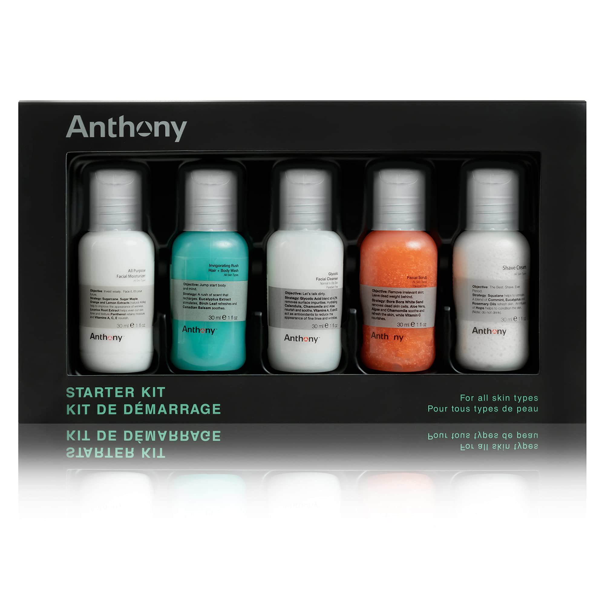 Anthony Starter Kit: Glycolic Cleanser, Facial Scrub, Moisturizer, Hair & Body Wash, Shave Cream