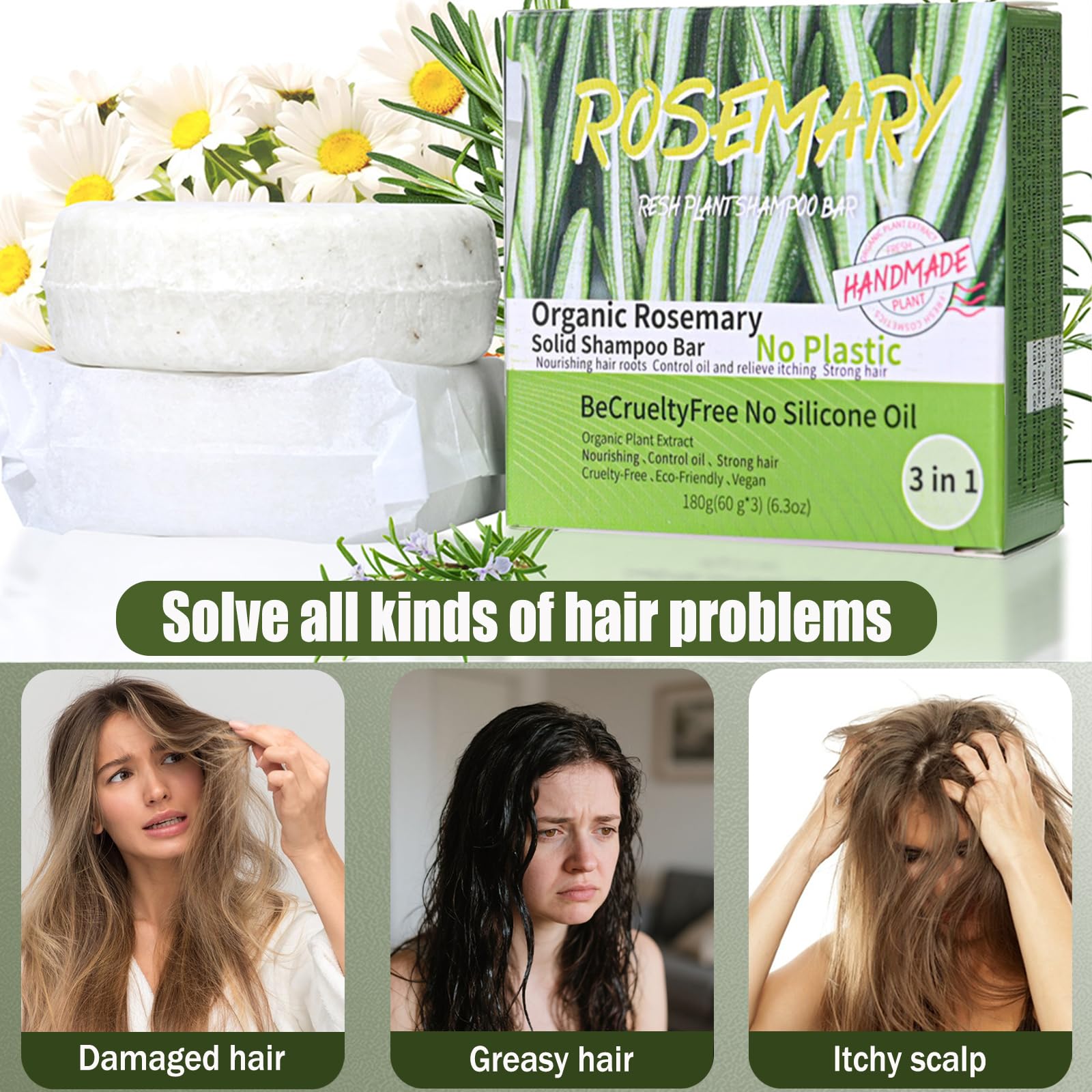 Anweina 3-Pack Rosemary Hair Shampoo Bar | Deep Cleansing, Oil Control & Strength for Thinning Hair