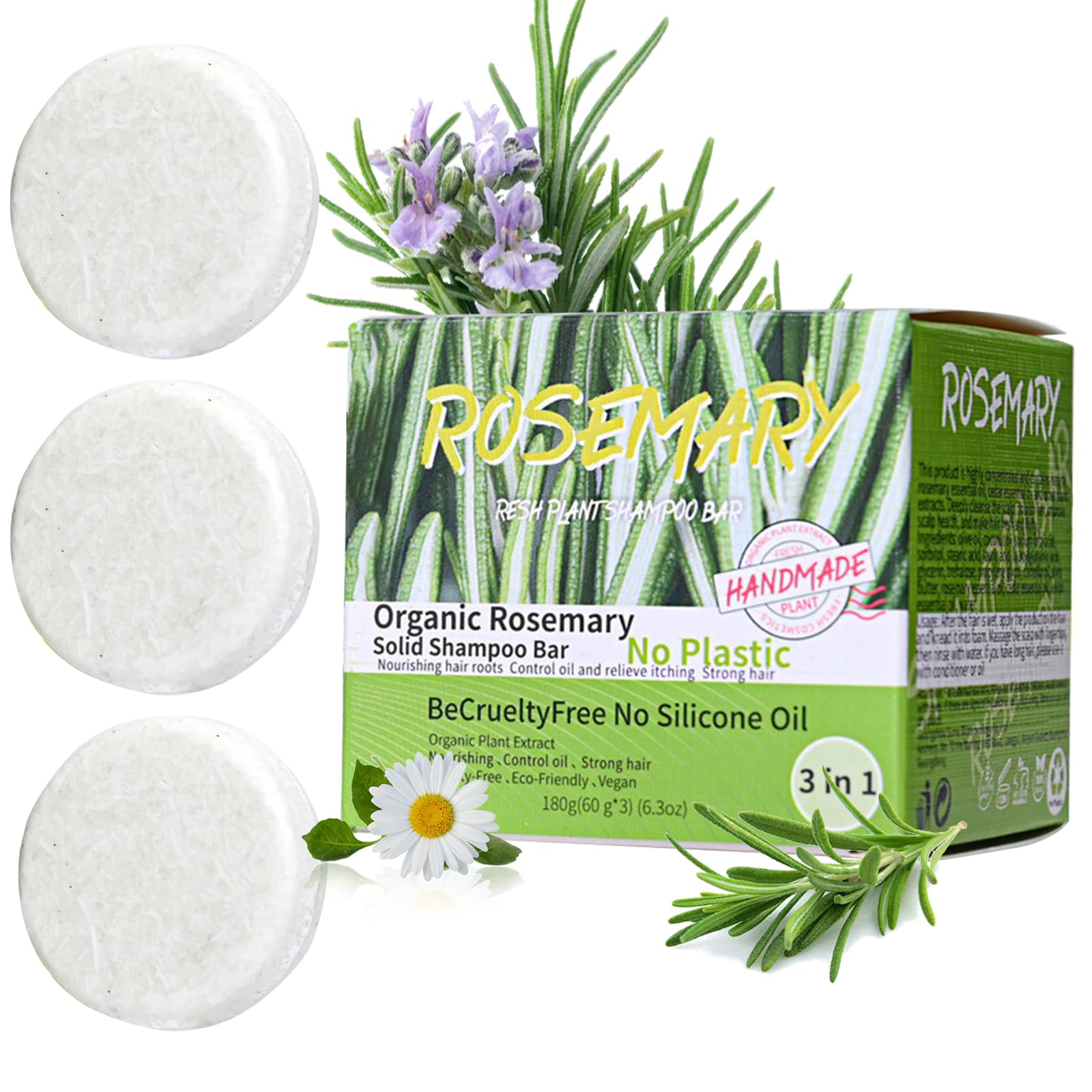 Anweina 3-Pack Rosemary Hair Shampoo Bar | Deep Cleansing, Oil Control & Strength for Thinning Hair
