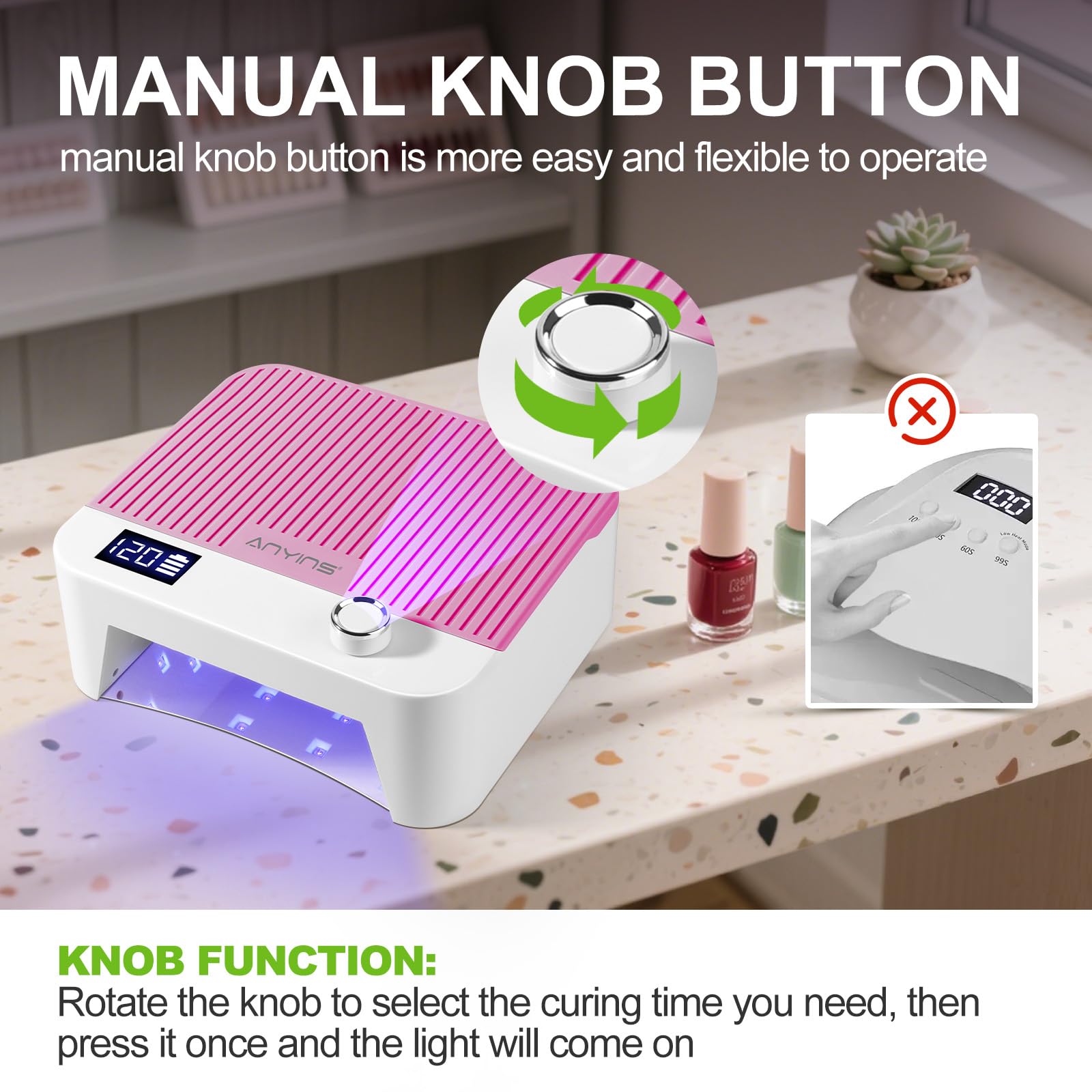 ANYINS UV Nail Lamp 120W – Fast, Even Gel Curing, Cordless with Auto-Sensor | Pink
