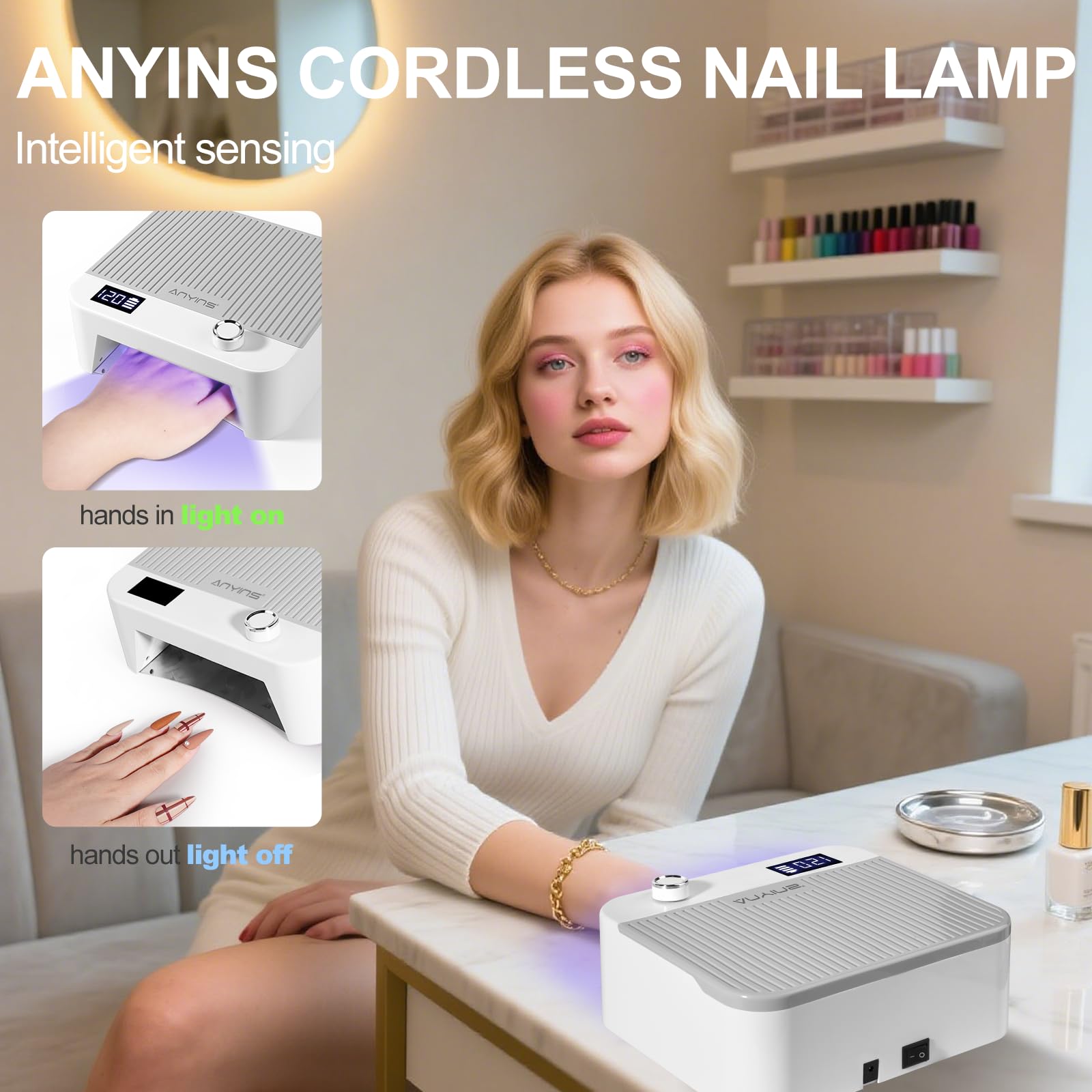 ANYINS UV Nail Lamp 120W – Cordless, Fast & Even Gel Curing with Auto-Sensor