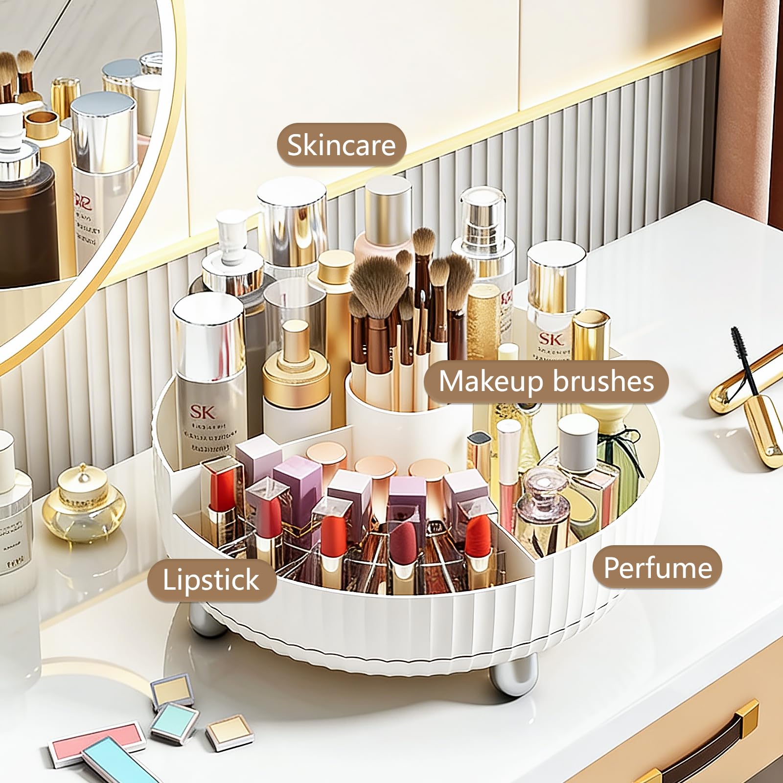 Anyoifax 360-Degree Rotating Makeup & Perfume Organizer Tray with Divider – Large White