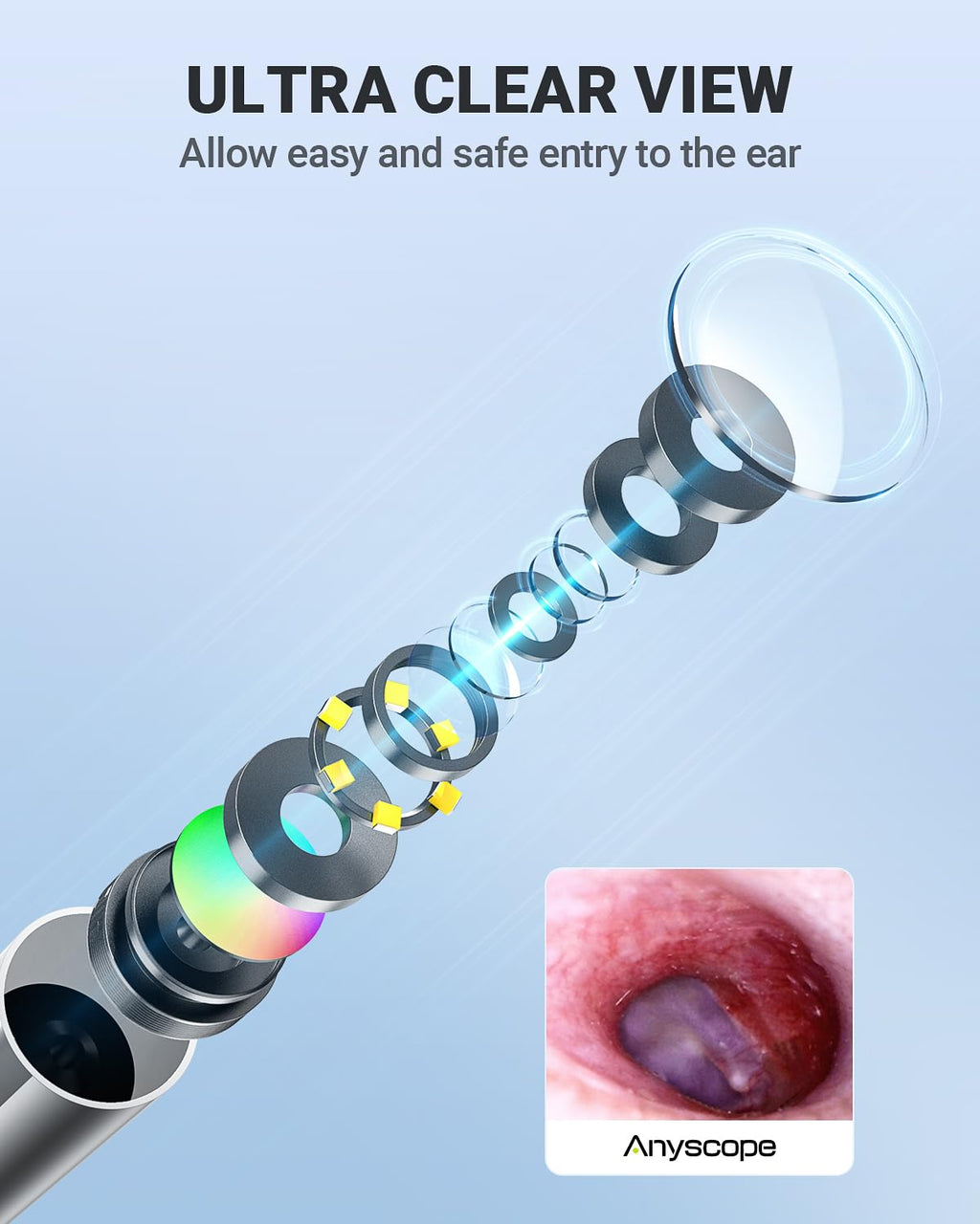 AnyScope HD Digital Otoscope — Ear Camera with Light, iPhone & Android Compatible (Silver)