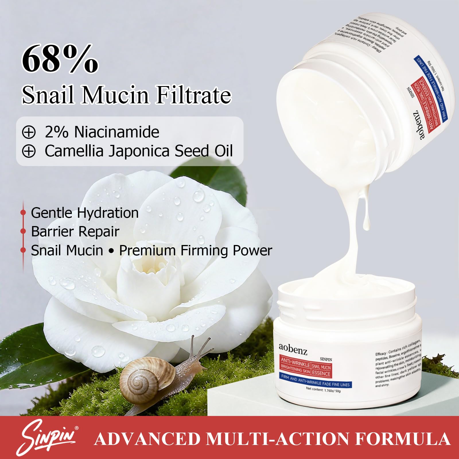 aobenz Snail Mucin Moisturizer - 68% Snail Mucin, Niacinamide 2%, Hyaluronic Acid | Firming Night Cream