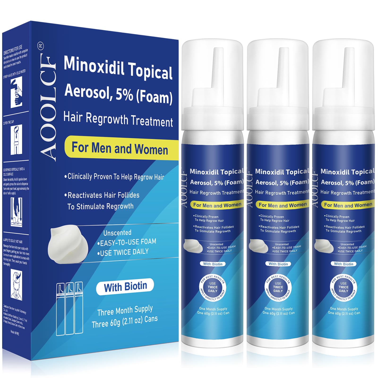 AOOLCF 5% Minoxidil Foam with Biotin – Hair Growth Treatment for Men and Women, 6.33 oz (3-Month Supply)