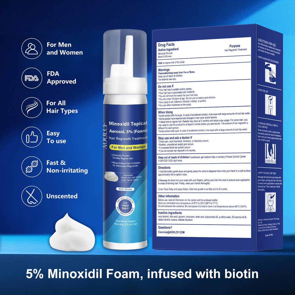 AOOLCF 5% Minoxidil Foam with Biotin – Hair Growth Treatment for Men and Women, 6.33 oz (3-Month Supply)