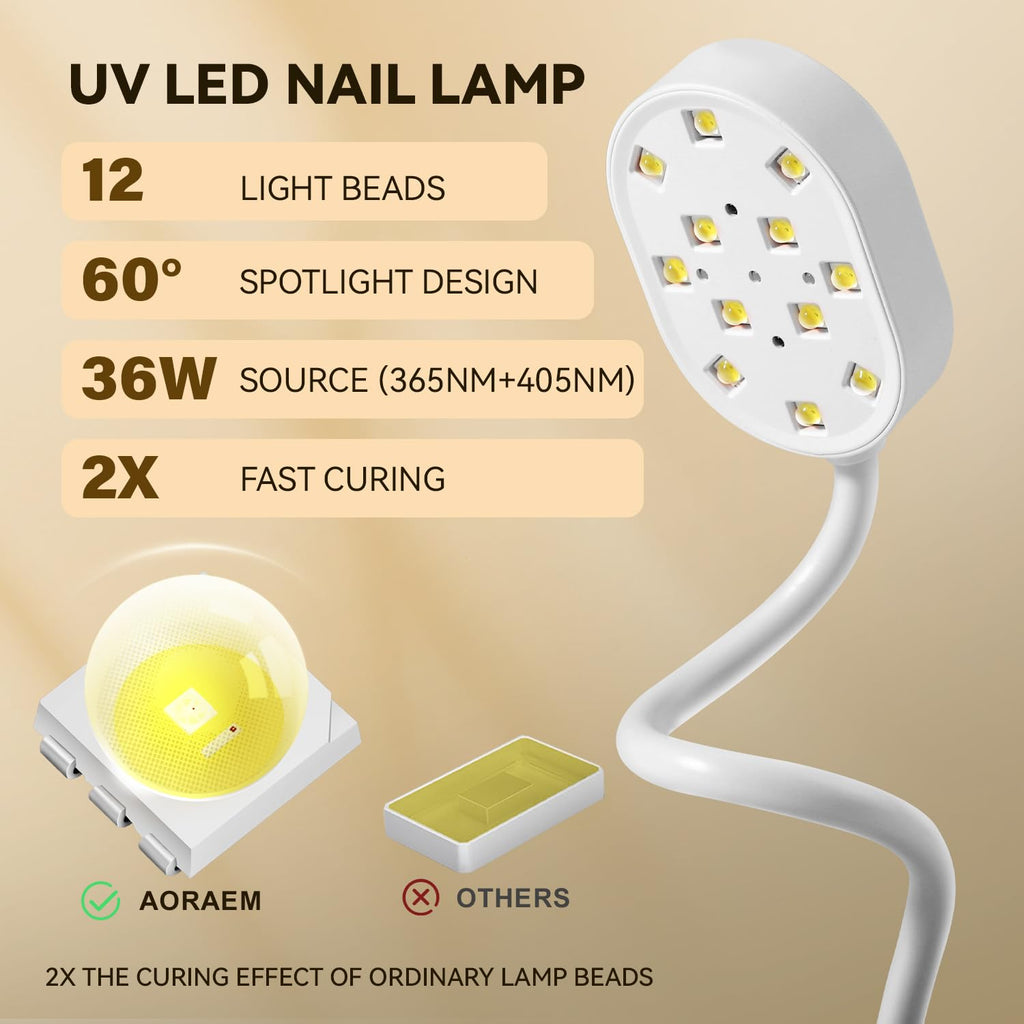 AORAEM UV Nail Lamp Gooseneck Mini 36W – Rechargeable Gel Dryer with 4 Timers