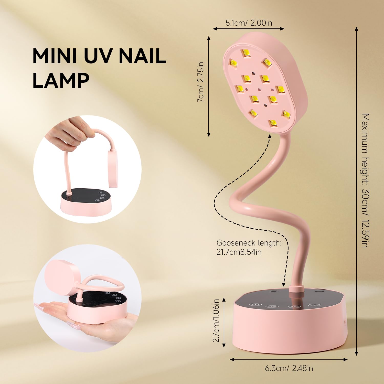 AORAEM UV Nail Lamp | Gooseneck Mini 36W Rechargeable LED, 4 Timers & Auto Sensor, Pink