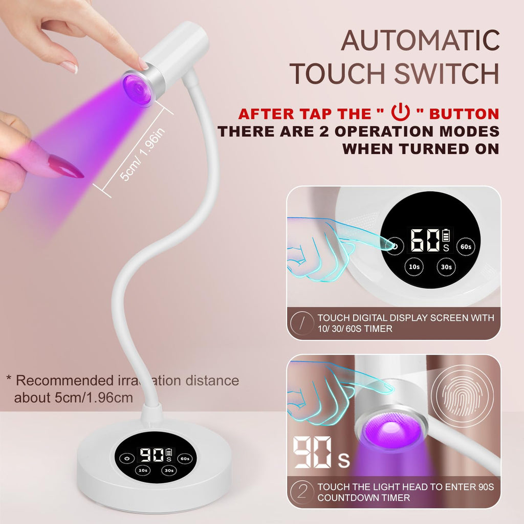 AORAEM UV LED Nail Lamp – Rechargeable Gooseneck 12W Quick Cure with 4 Timers & Auto Sensor