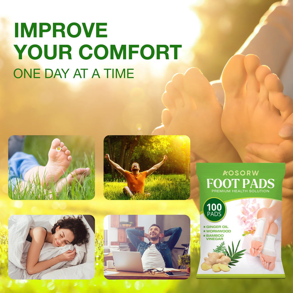 AOSORW Natural Herbal Foot Pads Ginger Oil and Bamboo Charcoal 100 Pads Pack - Overnight Foot Care