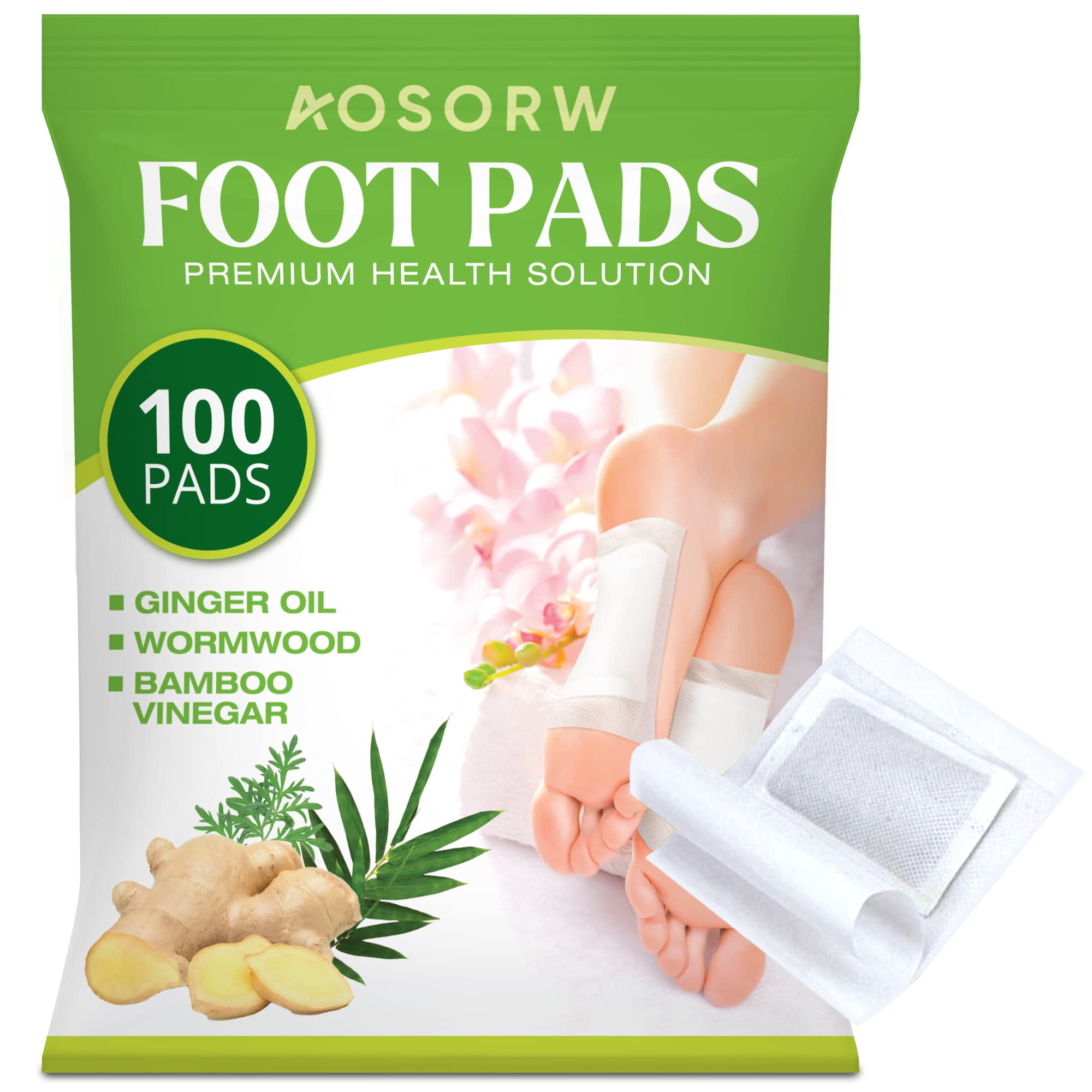 AOSORW Natural Herbal Foot Pads Ginger Oil and Bamboo Charcoal 100 Pads Pack - Overnight Foot Care