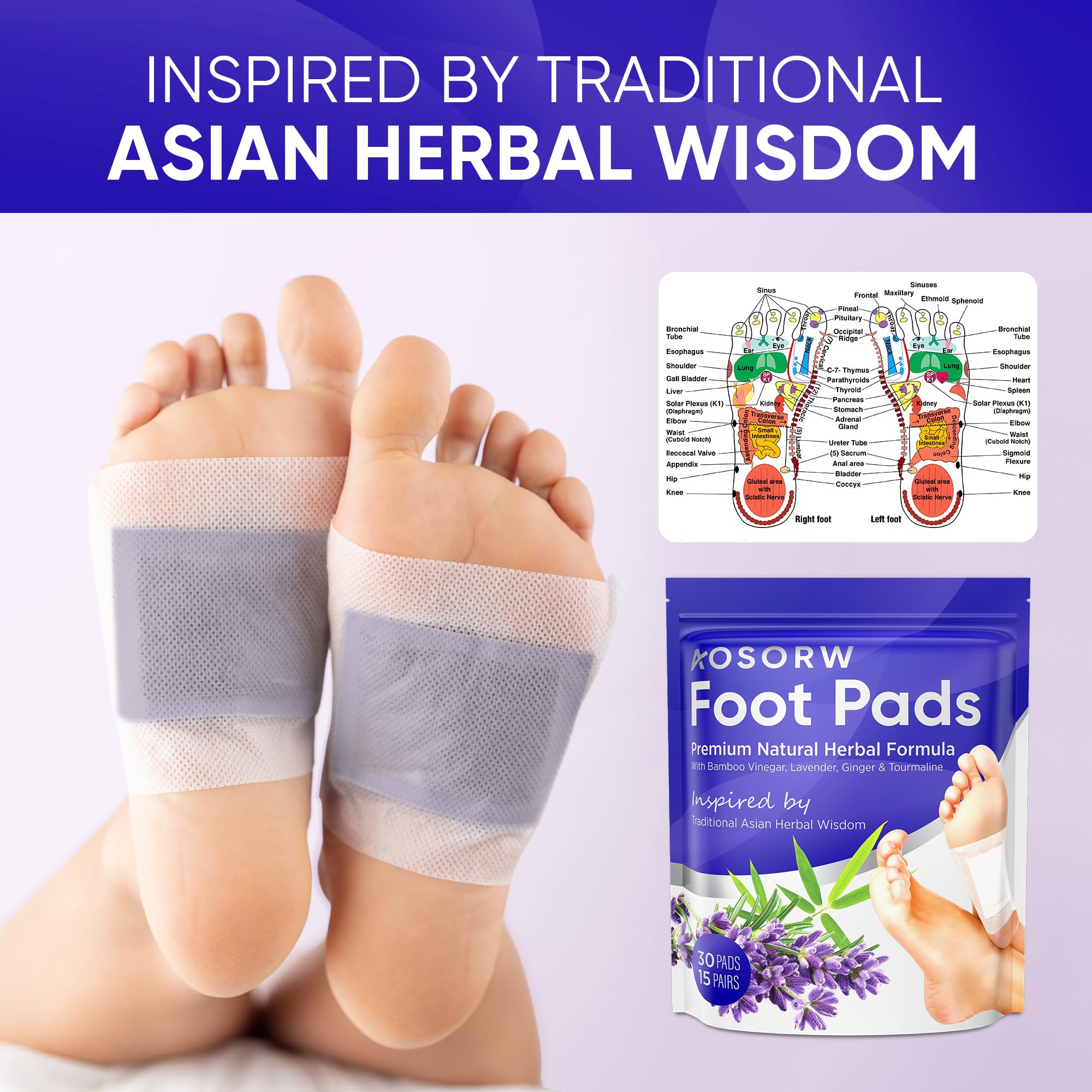 AOSORW Natural Foot Pads - Lavender & Bamboo Vinegar | Soothing Nighttime Ritual (30 Pads)