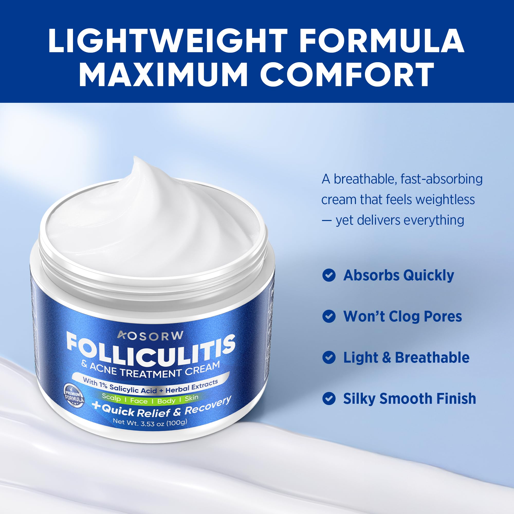 AOSORW Folliculitis & Acne Treatment Cream – 1% Salicylic Acid & Herbal Extracts, 100g
