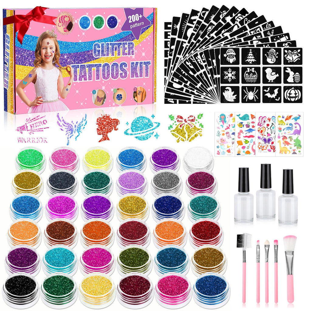 Aottom Temporary Glitter Tattoo Kit for Kids – 220 Templates, 70+ Stickers, 36 Glitter Colors, 3 Glues, 5 Brushes