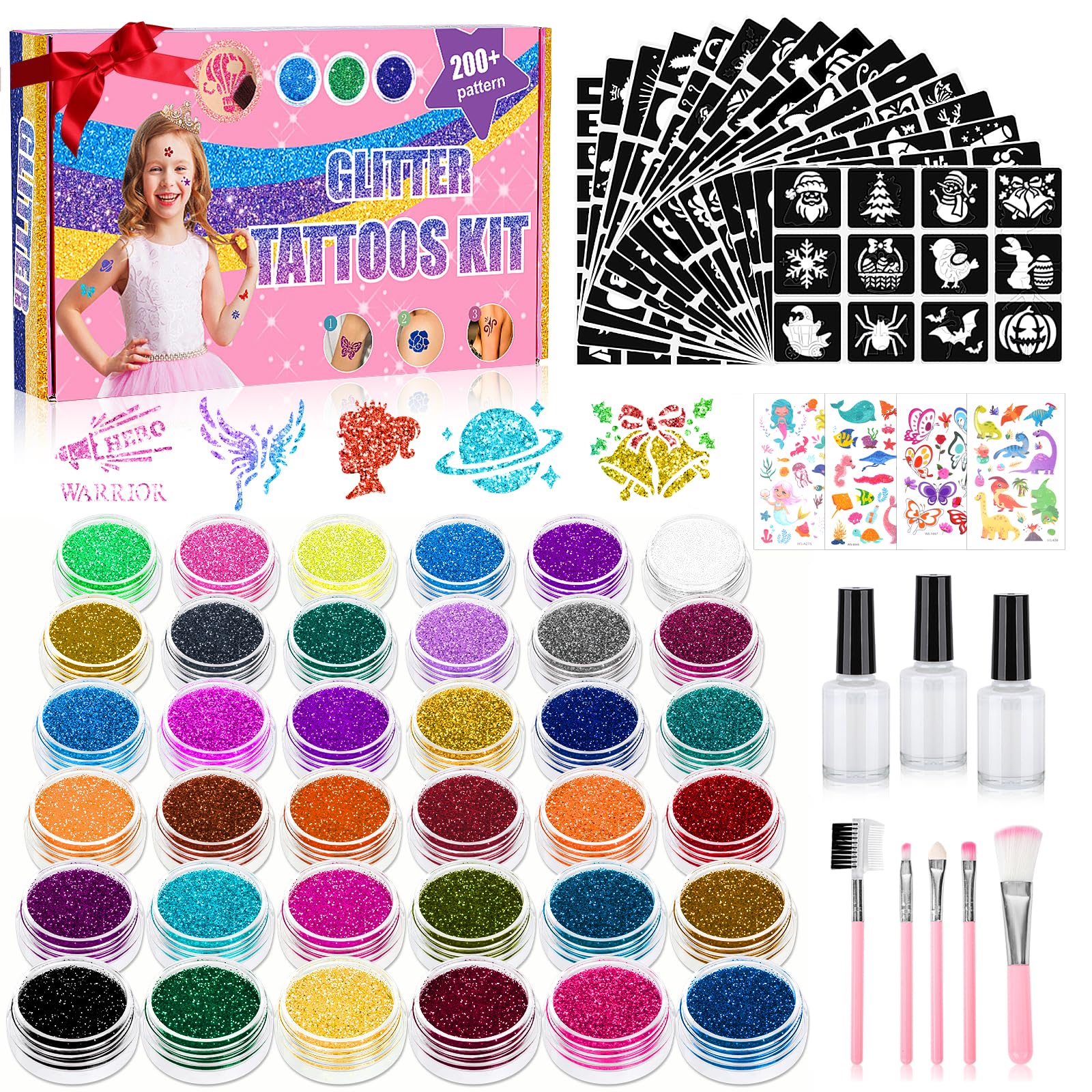 Aottom Temporary Glitter Tattoo Kit for Kids – 220 Templates, 70+ Stickers, 36 Glitter Colors, 3 Glues, 5 Brushes
