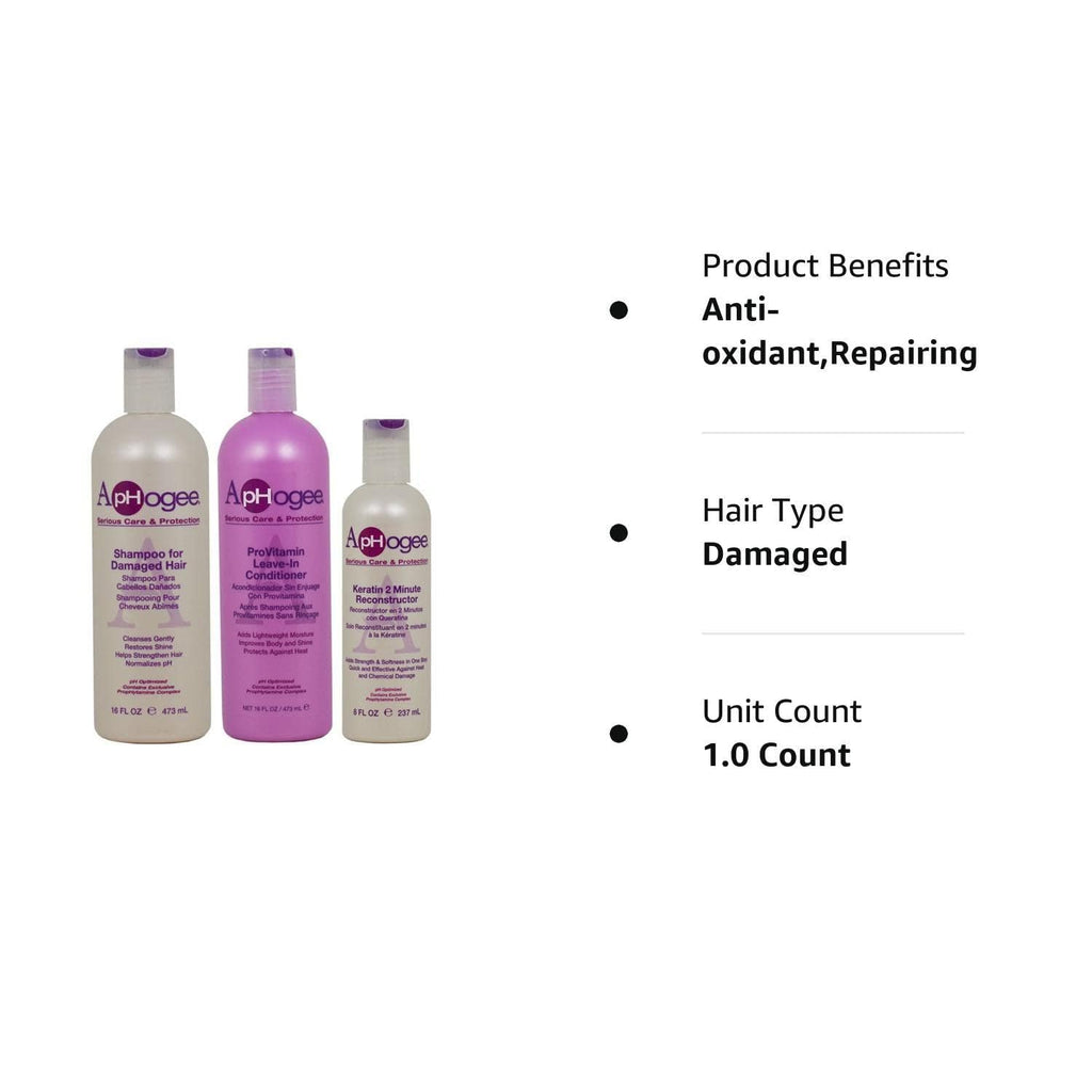 ApHogee Hair Repair Set: Damaged Hair Shampoo, ProVitamin Leave-In Conditioner, Keratin 2 Minute Reconstructor (16oz, 16oz, 8oz)