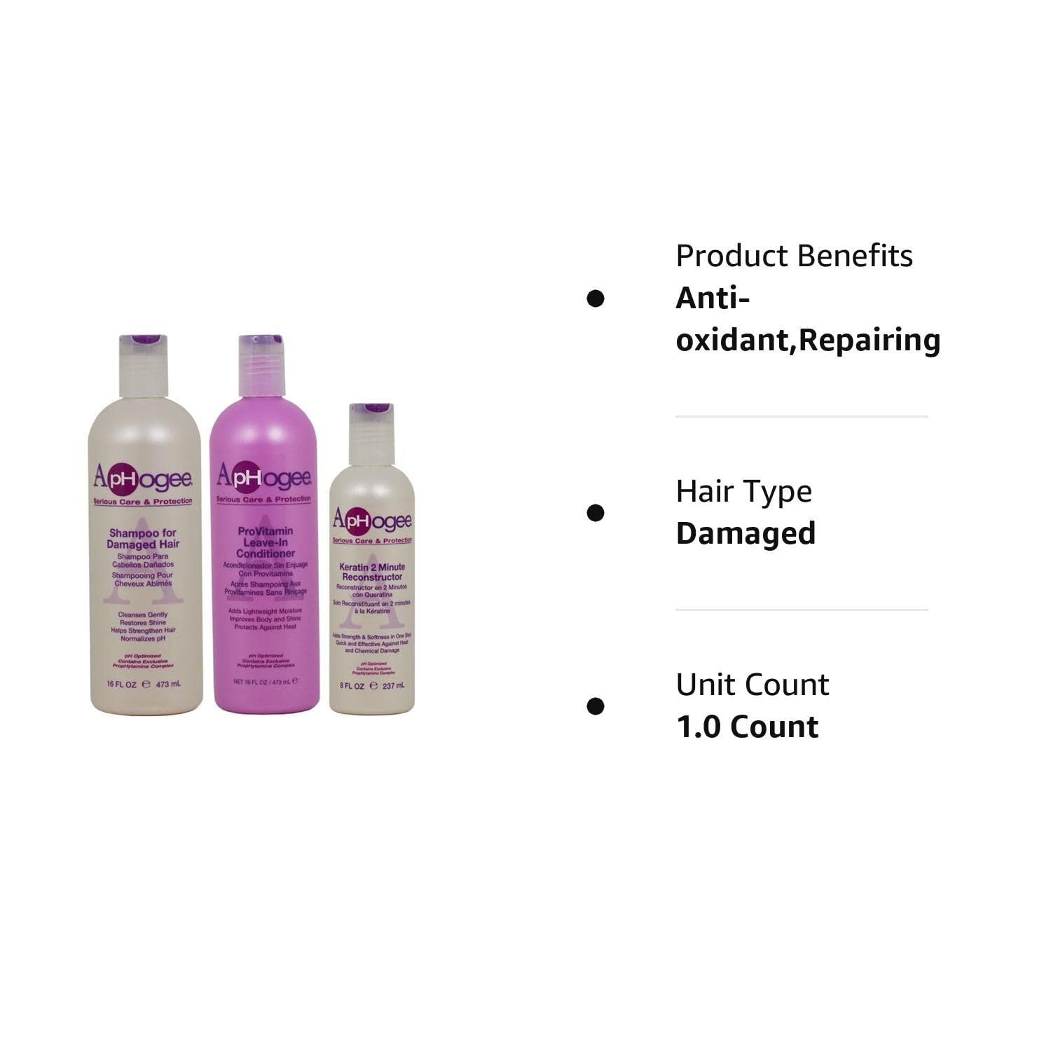 ApHogee Hair Repair Set: Damaged Hair Shampoo, ProVitamin Leave-In Conditioner, Keratin 2 Minute Reconstructor (16oz, 16oz, 8oz)