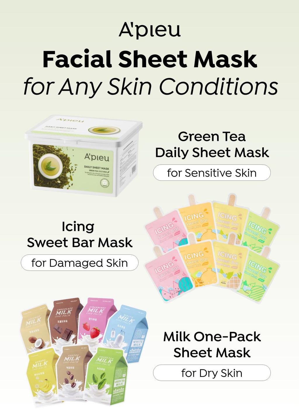 A'PIEU Daily Sheet Mask (Green Tea) – 30-Day Moisturizing Lyocell Mask for All Skin Types