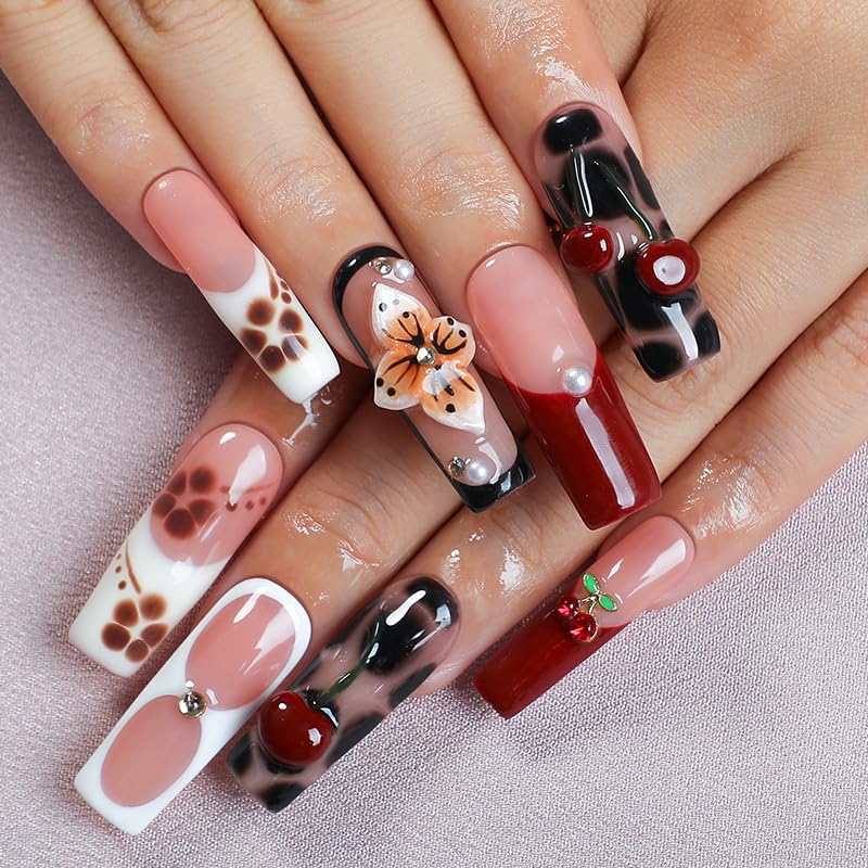 Appife Trendy Cherry Leopard Press-On Nails – 10pcs Handmade Acrylic Square Tips with 3D Blossom Art