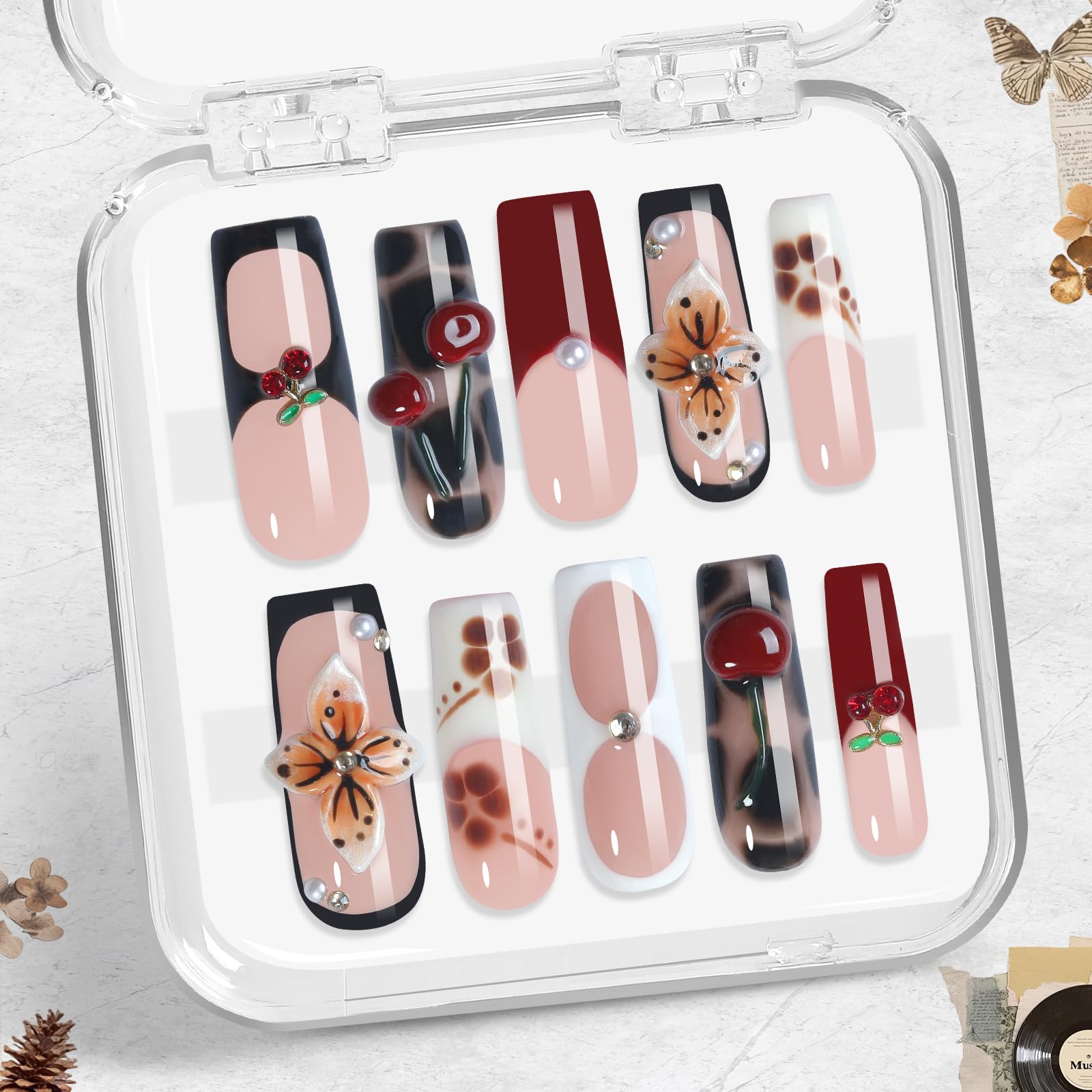 Appife Trendy Cherry Leopard Press-On Nails – 10pcs Handmade Acrylic Square Tips with 3D Blossom Art