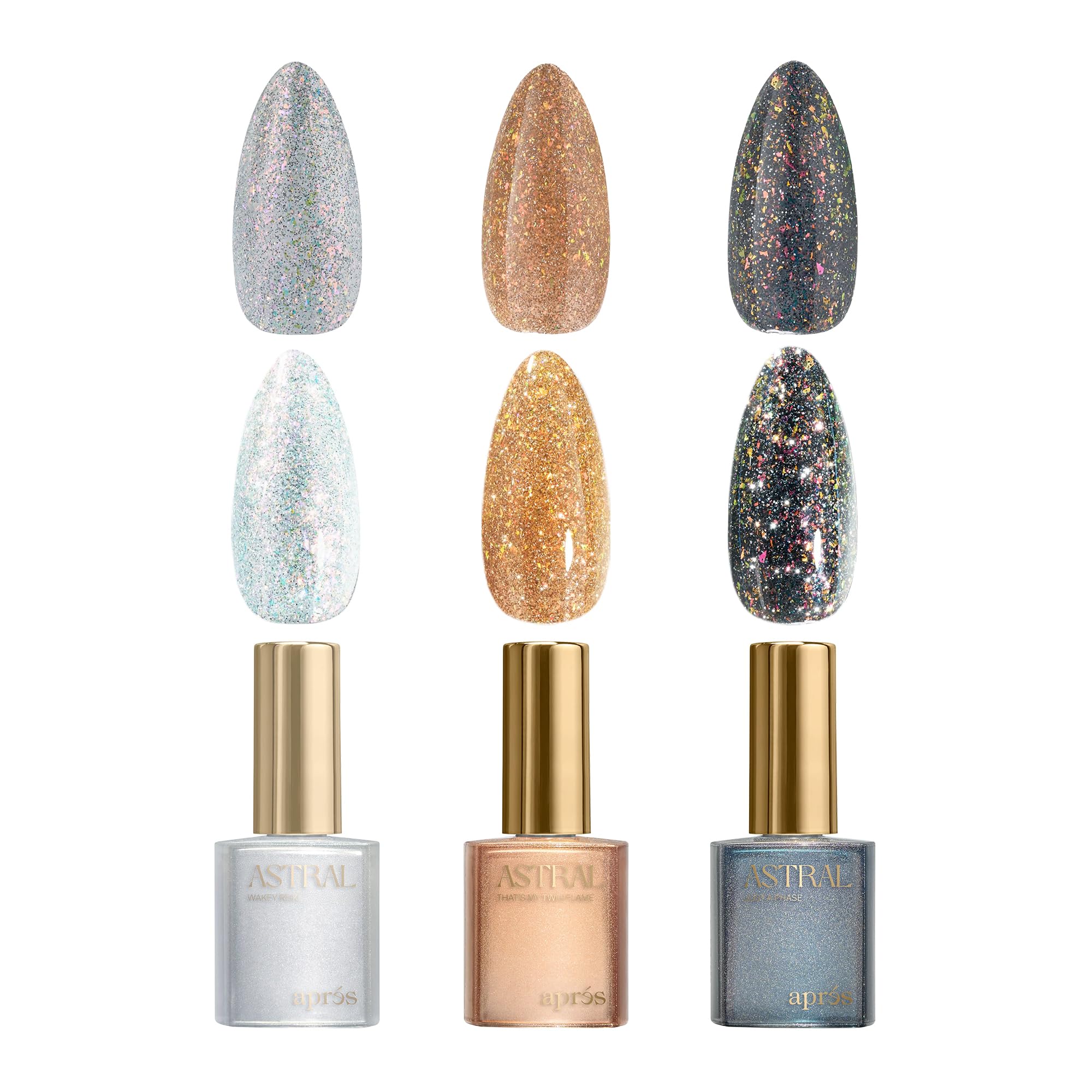 APRÉS Astral Gel Color Set – 3-Color HEMA-Free & TPO-Free Salon-Quality Nail Gel Polish Trio (Astral Flash Glitter, Set1)