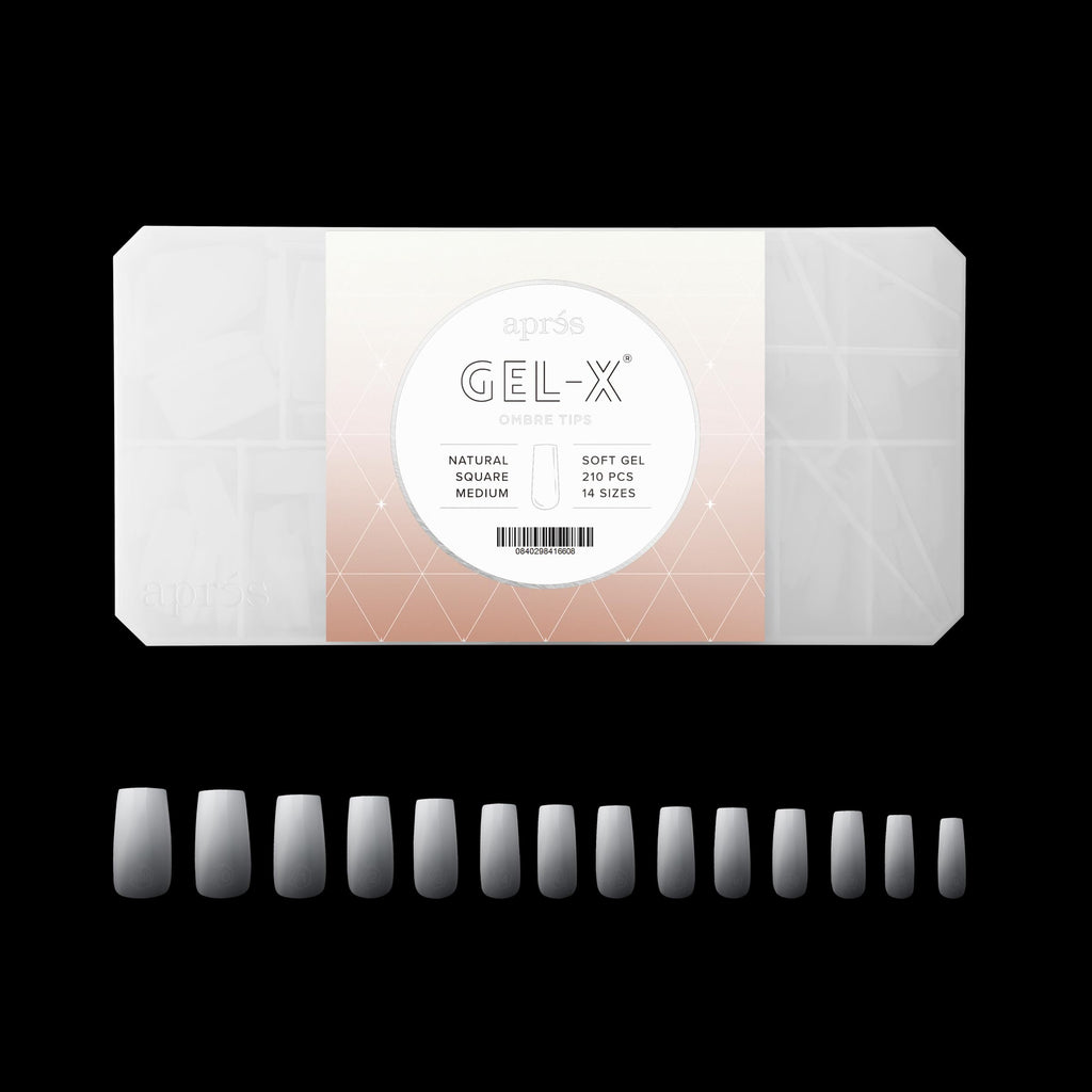 APRÉS Ombre Gel-X Tips Box – 210 Tips, 14 Sizes (00–9), Natural Square Medium, Premium Quality