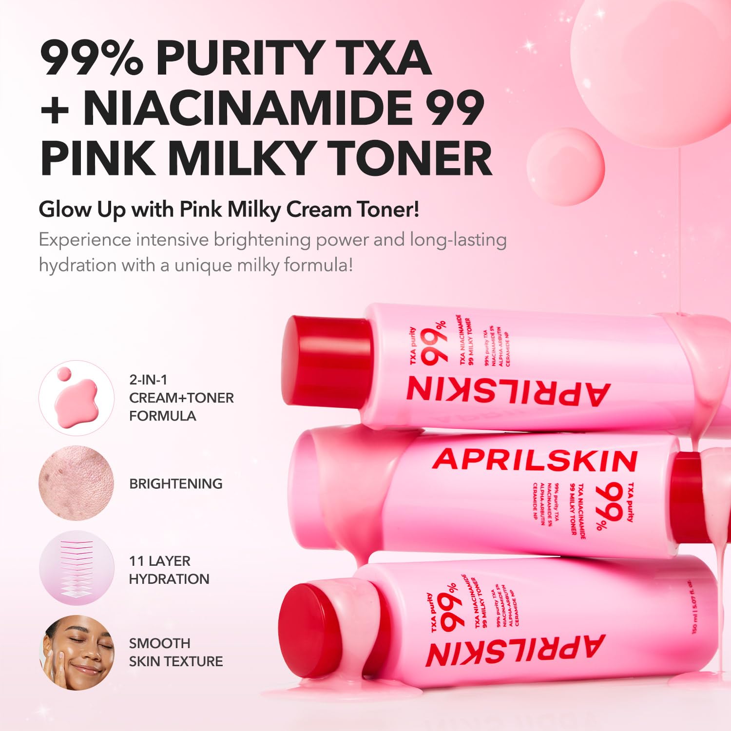 APRILSKIN TXA+Niacinamide 99 Pink Milky Toner – 99% TXA + Niacinamide 5% for Brightening, Deep Hydration | 5.07 fl oz