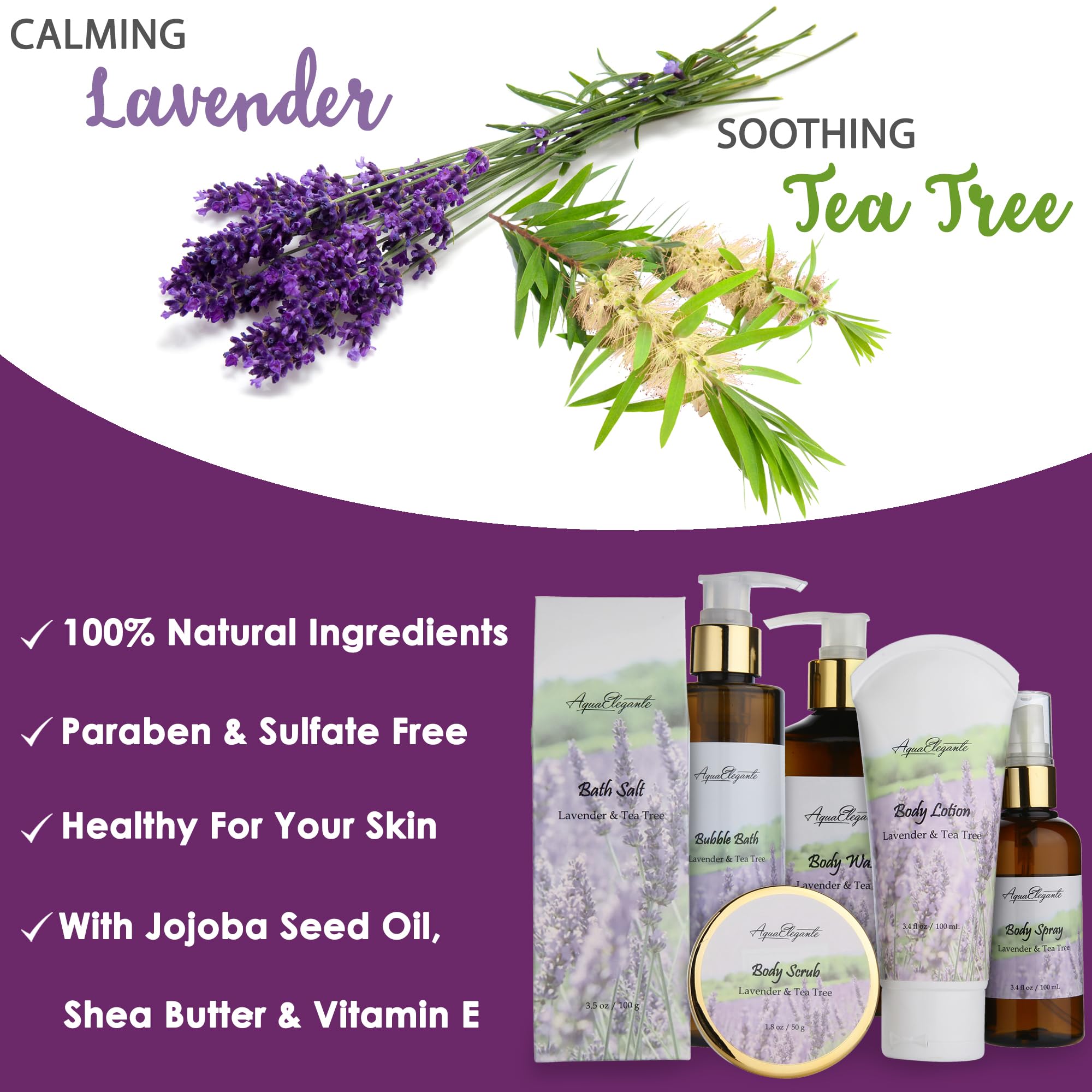 Aqua Elegante Spa Gift Baskets for Women – Lavender & Tea Tree Oil Bath Set