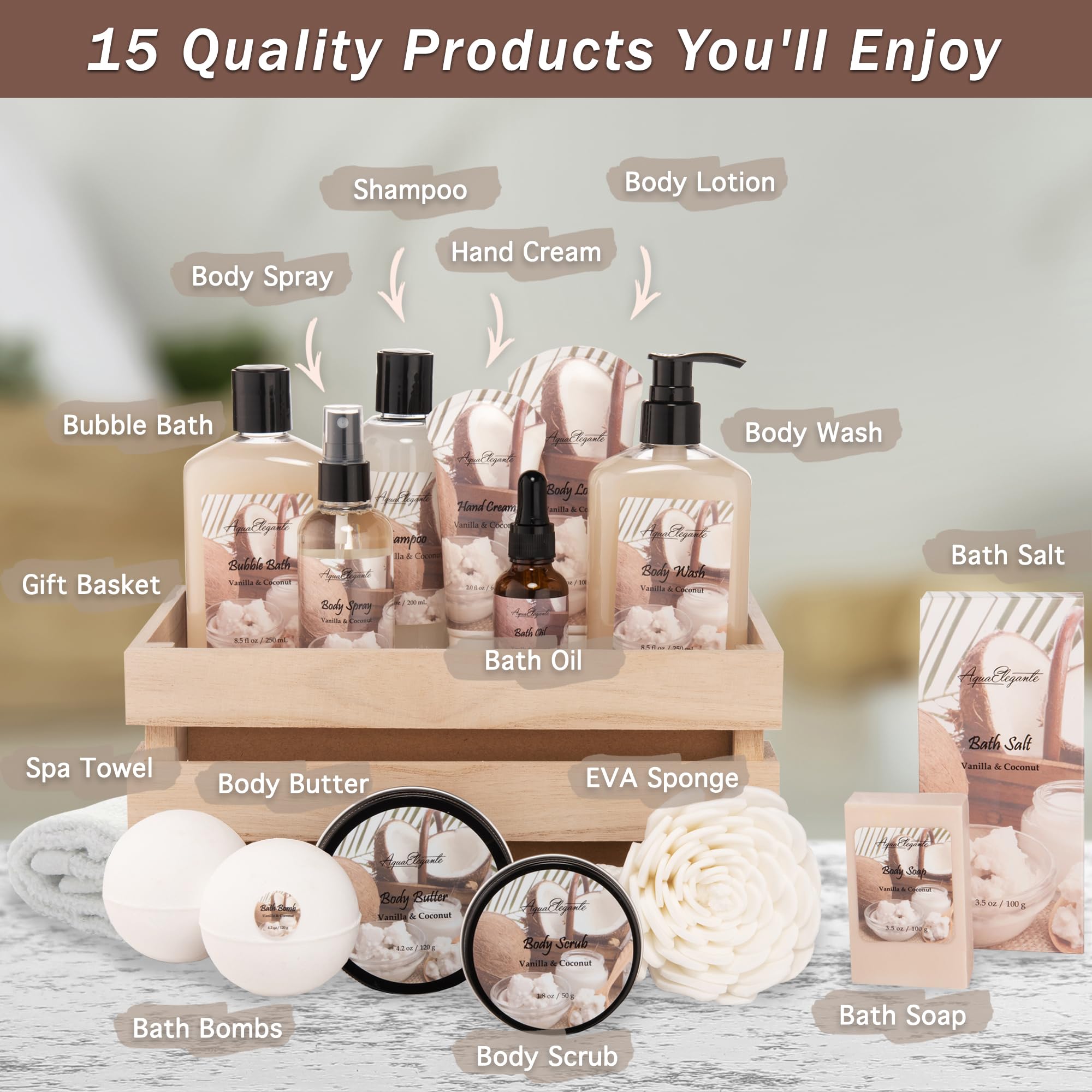 Aqua Elegante Bath Spa Gift Sets – Coconut & Vanilla Luxury Basket
