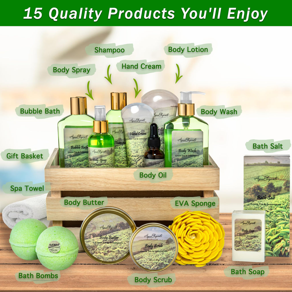 Aqua Elegante Bath Spa Gift Sets - Luxury Green Tea & Lemongrass Spa Kit