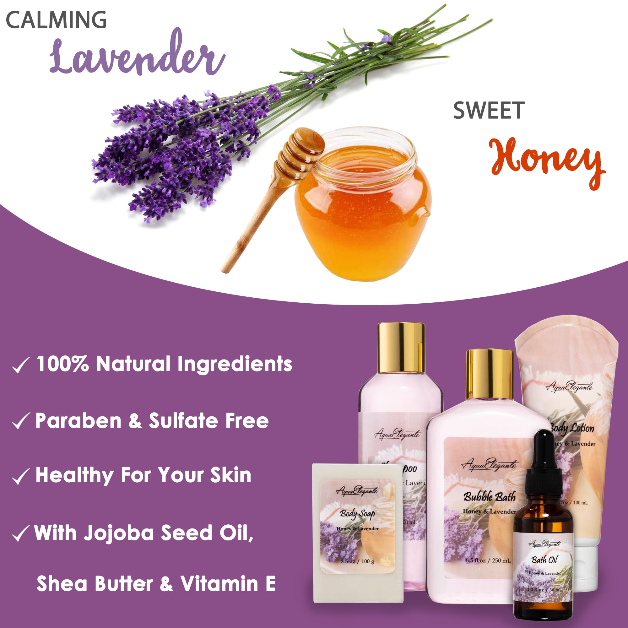 Aqua Elegante Spa Baskets for Women: Luxury Honey & Lavender Bath Set