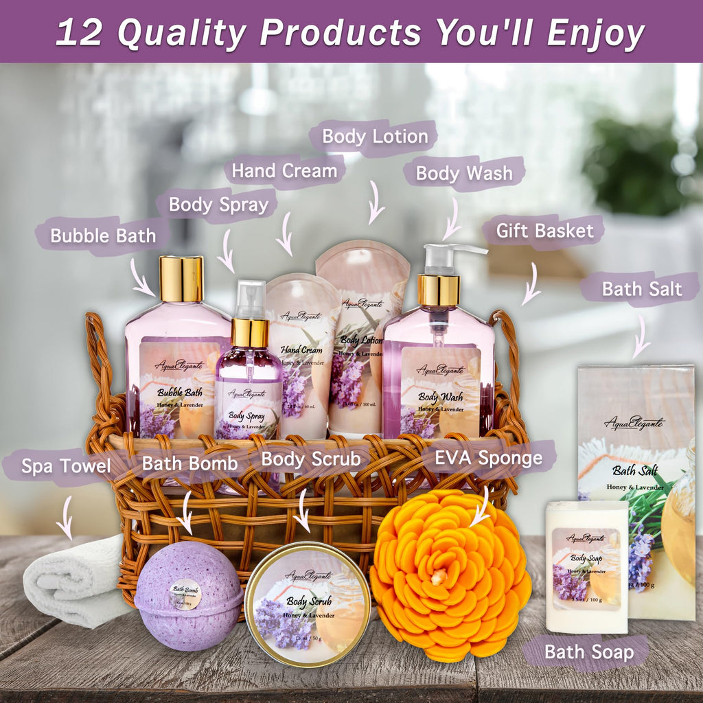 Aqua Elegante Spa Baskets for Women: Luxury Honey & Lavender Bath Set