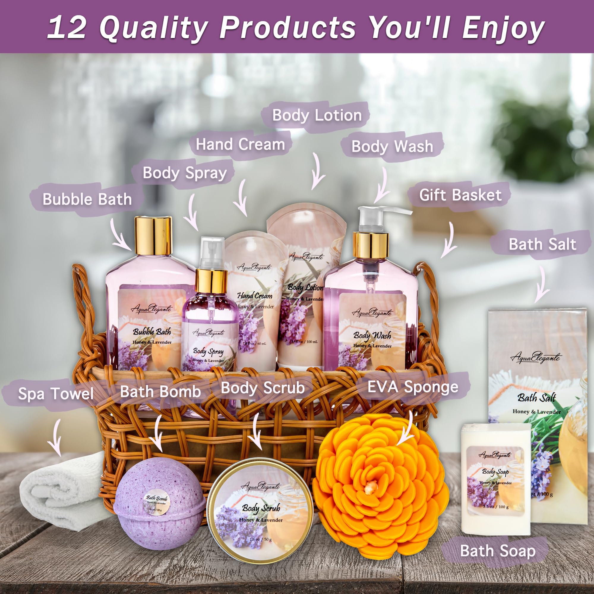 Aqua Elegante Spa Baskets for Women: Luxury Honey & Lavender Bath Set