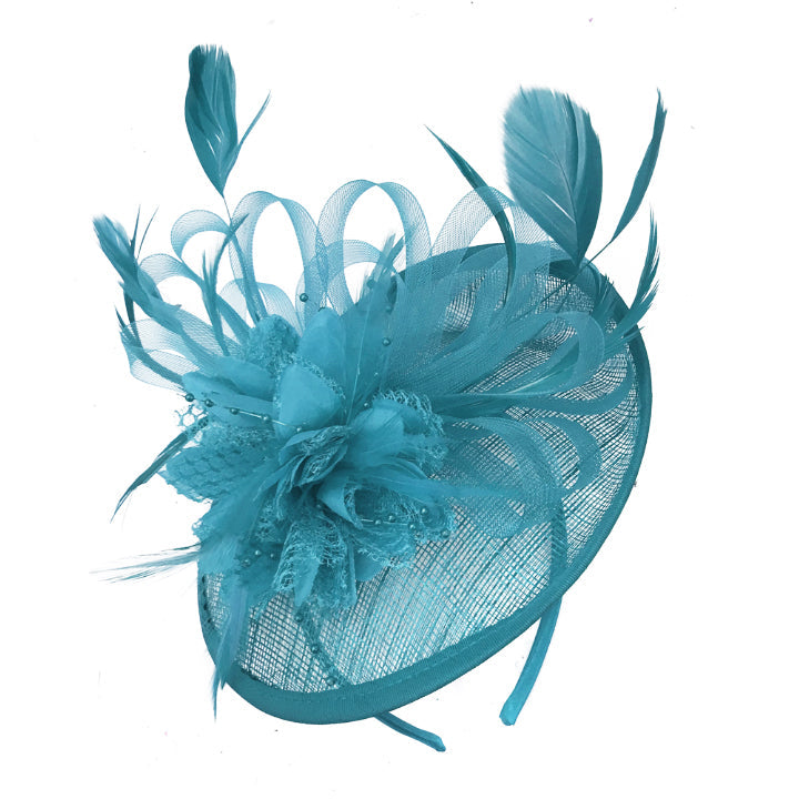 Aqua Blue Sinamay Hoop Fascinator for Weddings on Headband