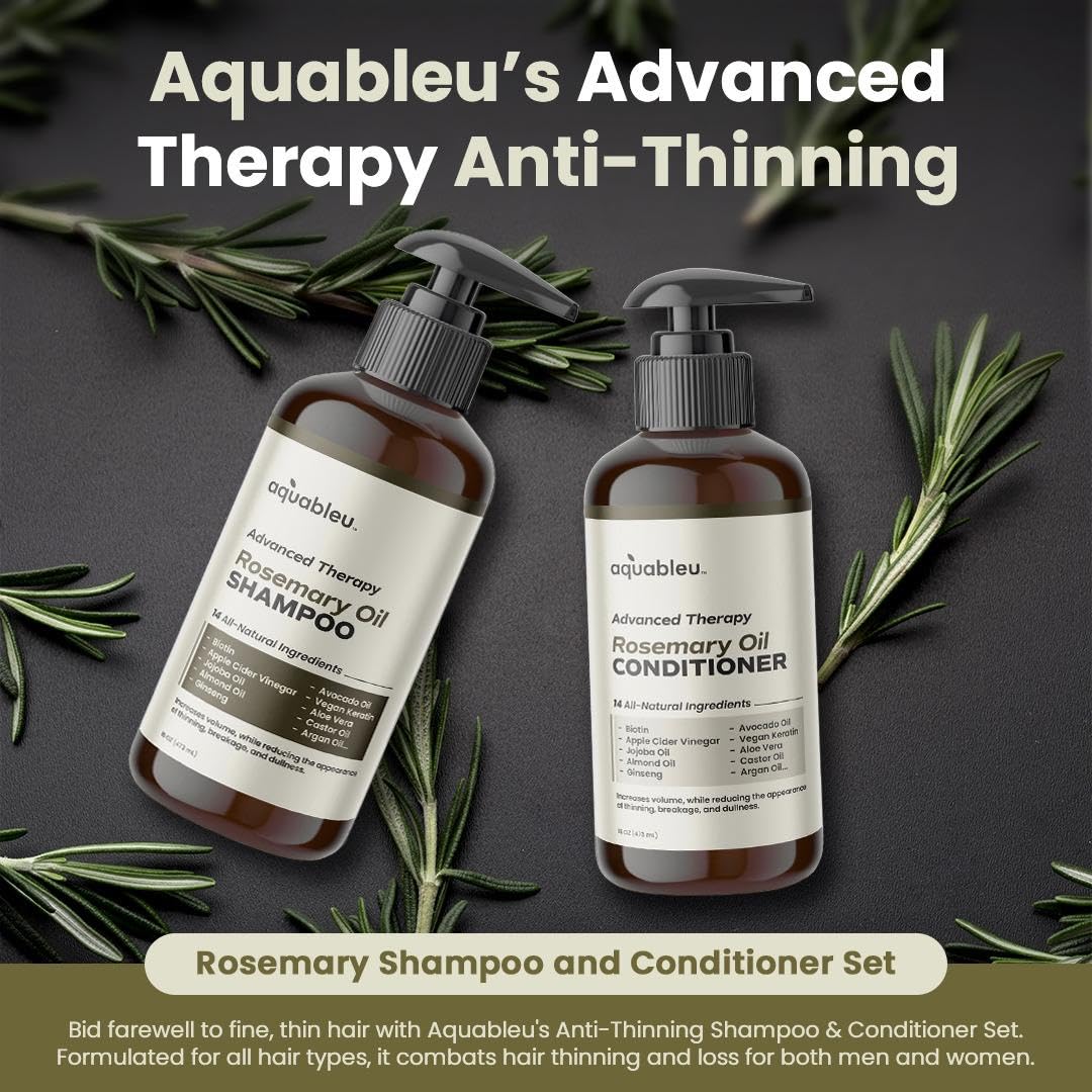 Aquableu Advanced Therapy Rosemary Oil Shampoo & Conditioner Set – 16oz for Volume, Strength & Thickness